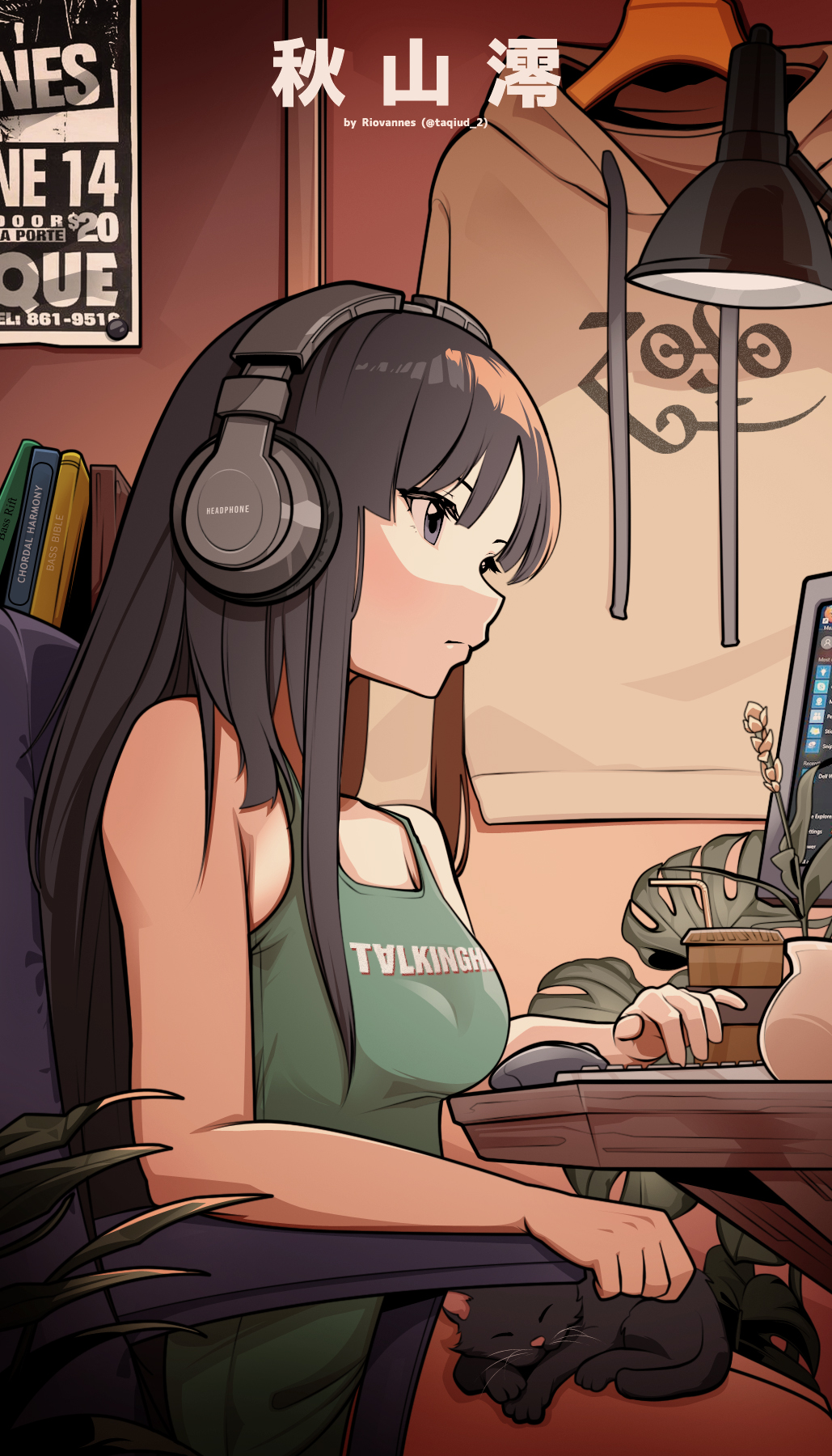 Anime 1029x1800 Akiyama Mio anime girls anime LoFi animals chair watermarked closed mouth black hair long hair relaxing thighs together tank top bookshelves books digital art looking away headphones drink cup plants lamp brown hoodie computer mice keyboards wooden furniture poster side view office chair potted plant black cats Windows 10 computer screen computer shaved armpit women indoors shadow green clothing white text outline