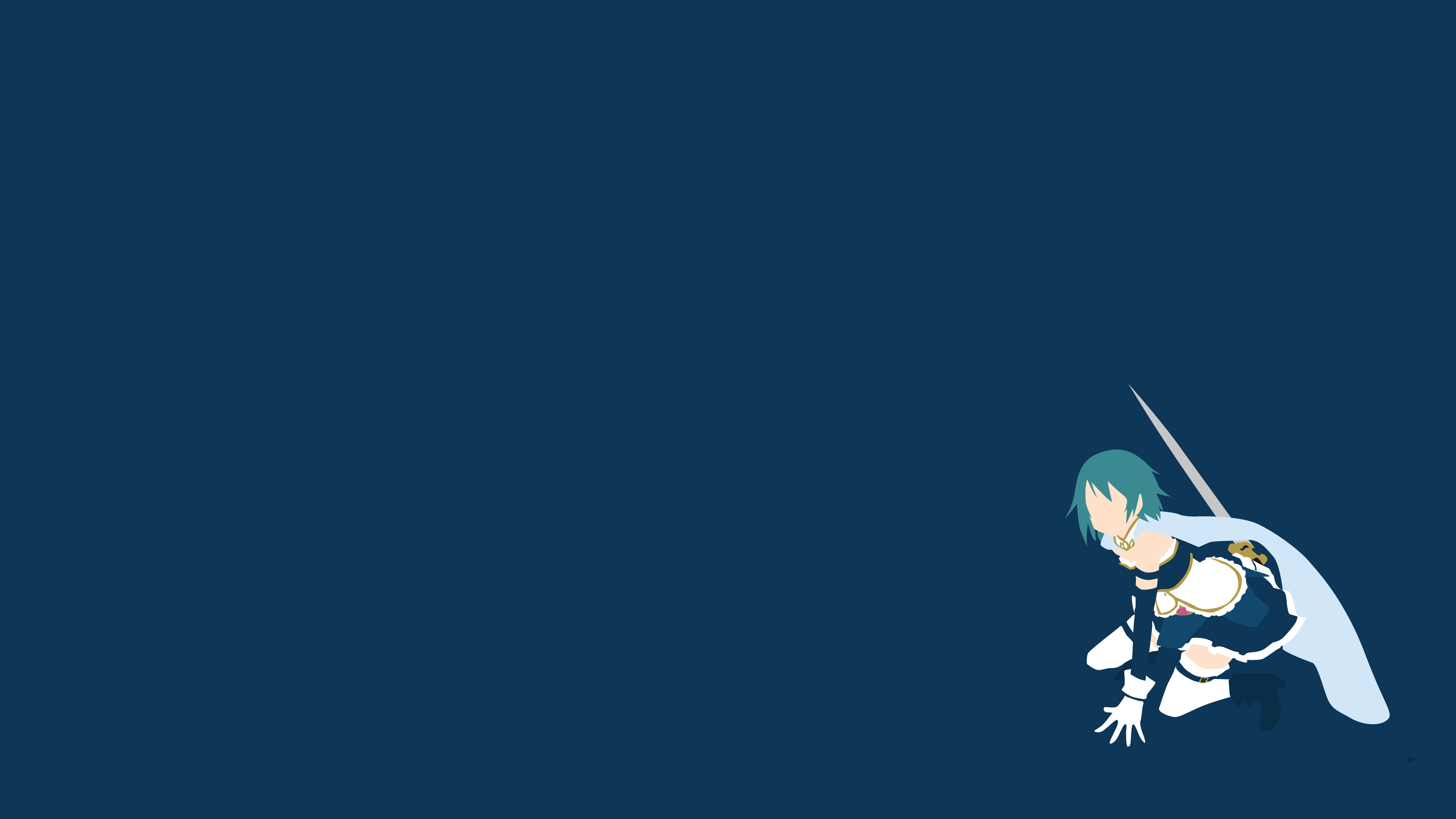 Anime 3840x2160 anime girls simple background blue background minimalism Miki Sayaka magical girls Mahou Shoujo Madoka Magica blue hair cape sword skirt crop top boots weapon short hair kneeling Greenmapple17