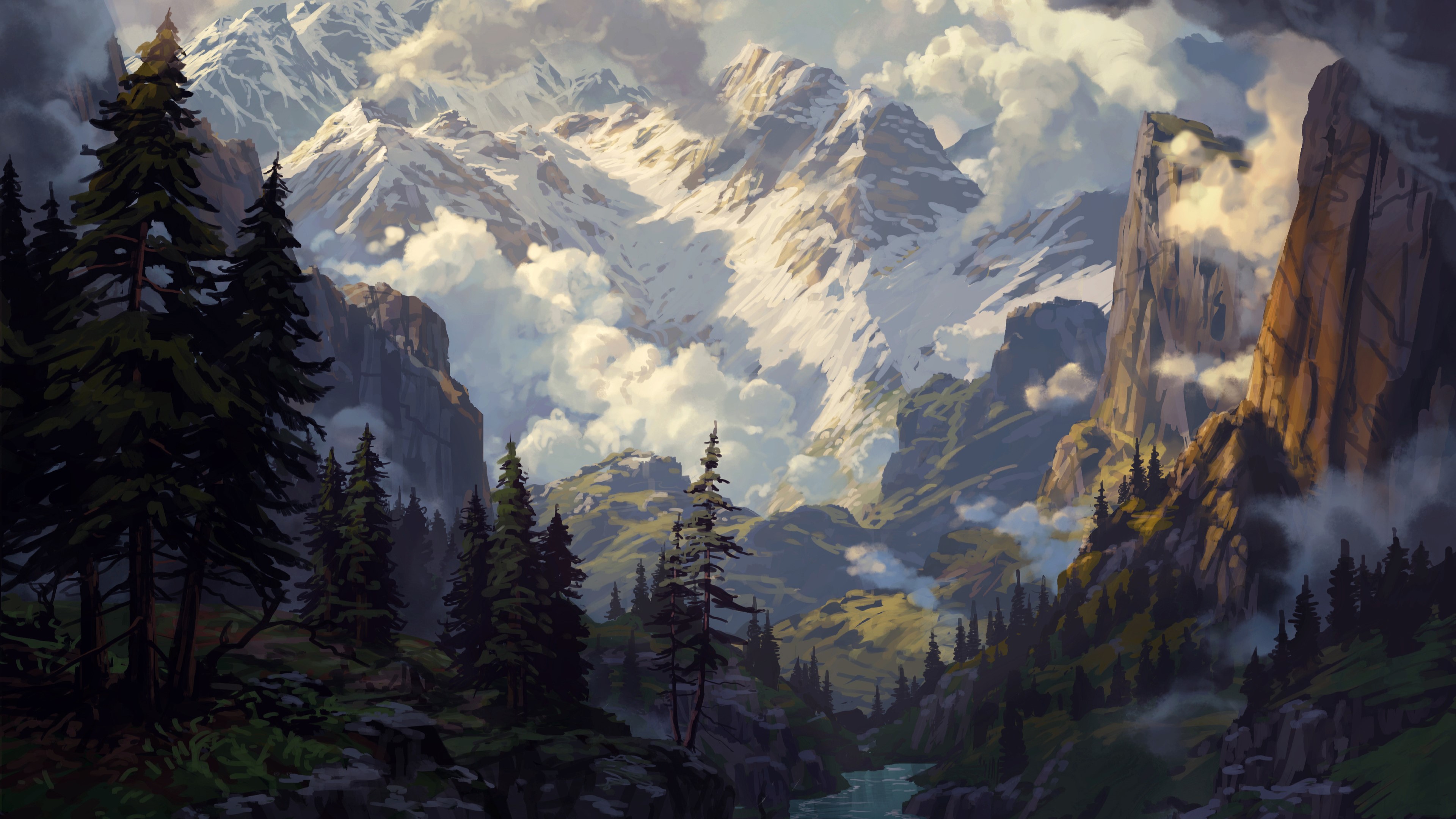 General 3840x2160 Philipp A Urlich valley mountains digital art artwork river clouds pine trees