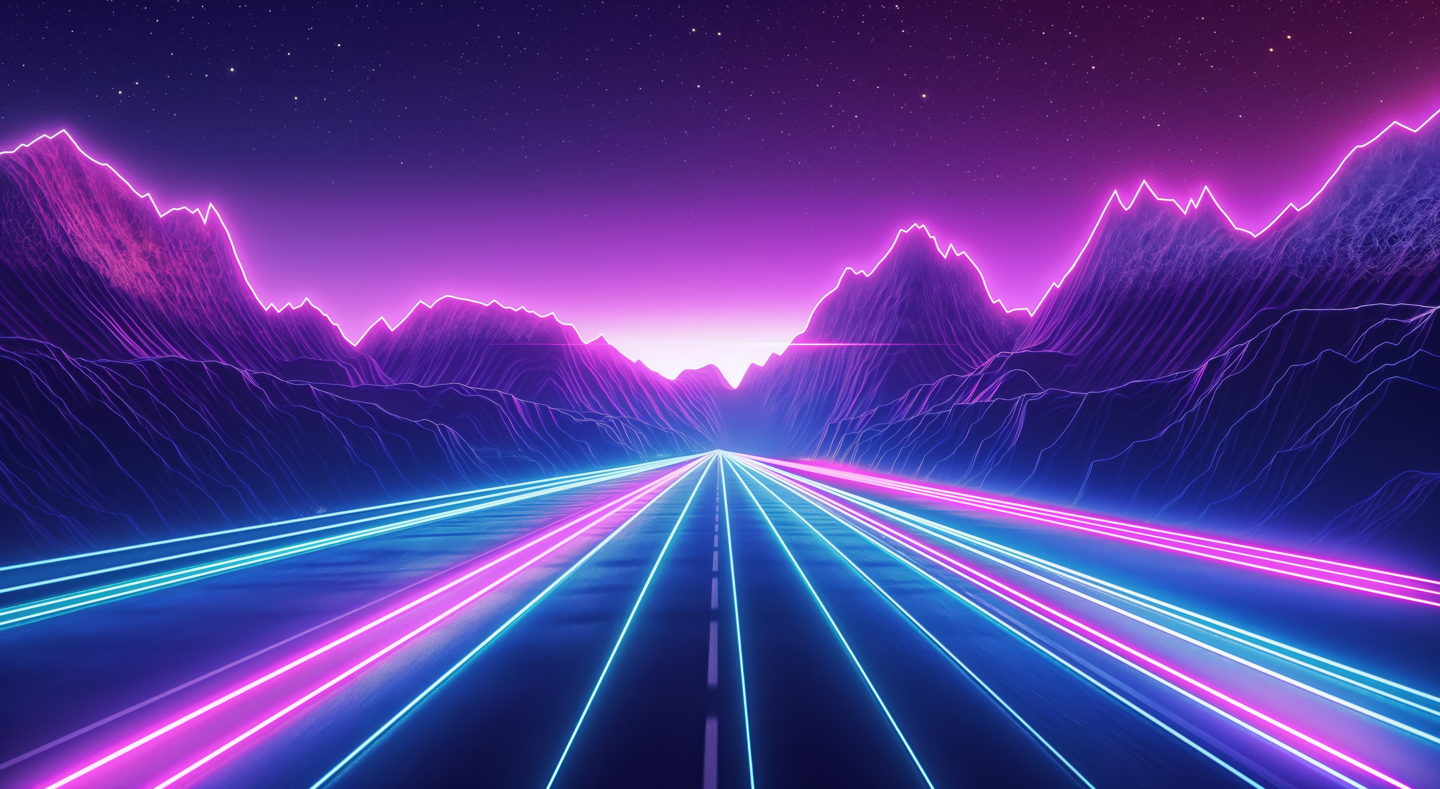 General 5952x3264 AI art synthwave light streaks mountains neon glowing illustration