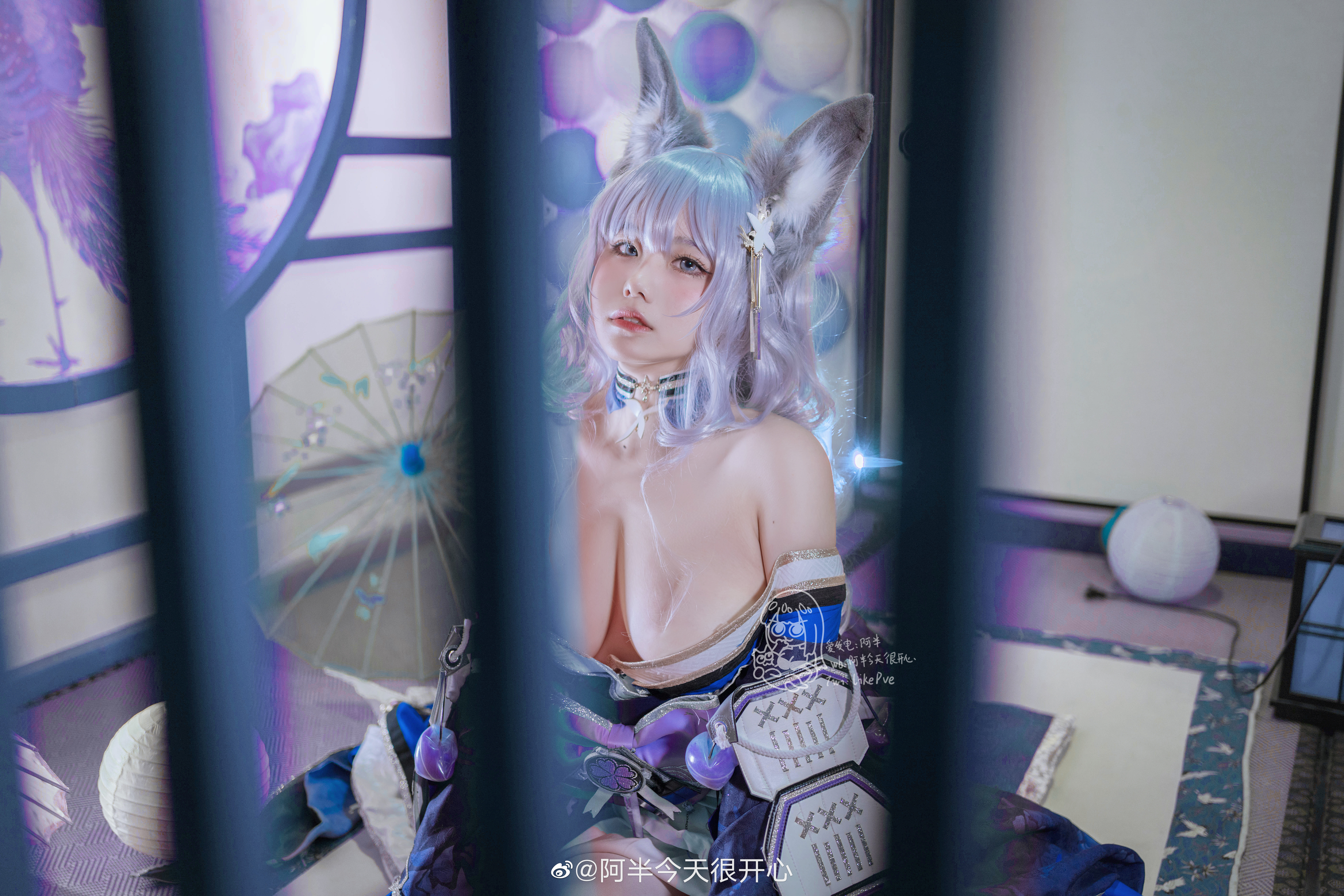 People 7952x5304 cosplay women Asian model cleavage Likepve Shinano (Azur Lane) Azur Lane anime girls fox girl fox ears looking at viewer blue eyes Japanese clothes long hair watermarked Weibo saggy boobs umbrella huge breasts kimono natural boobs on the floor parted lips hair ornament