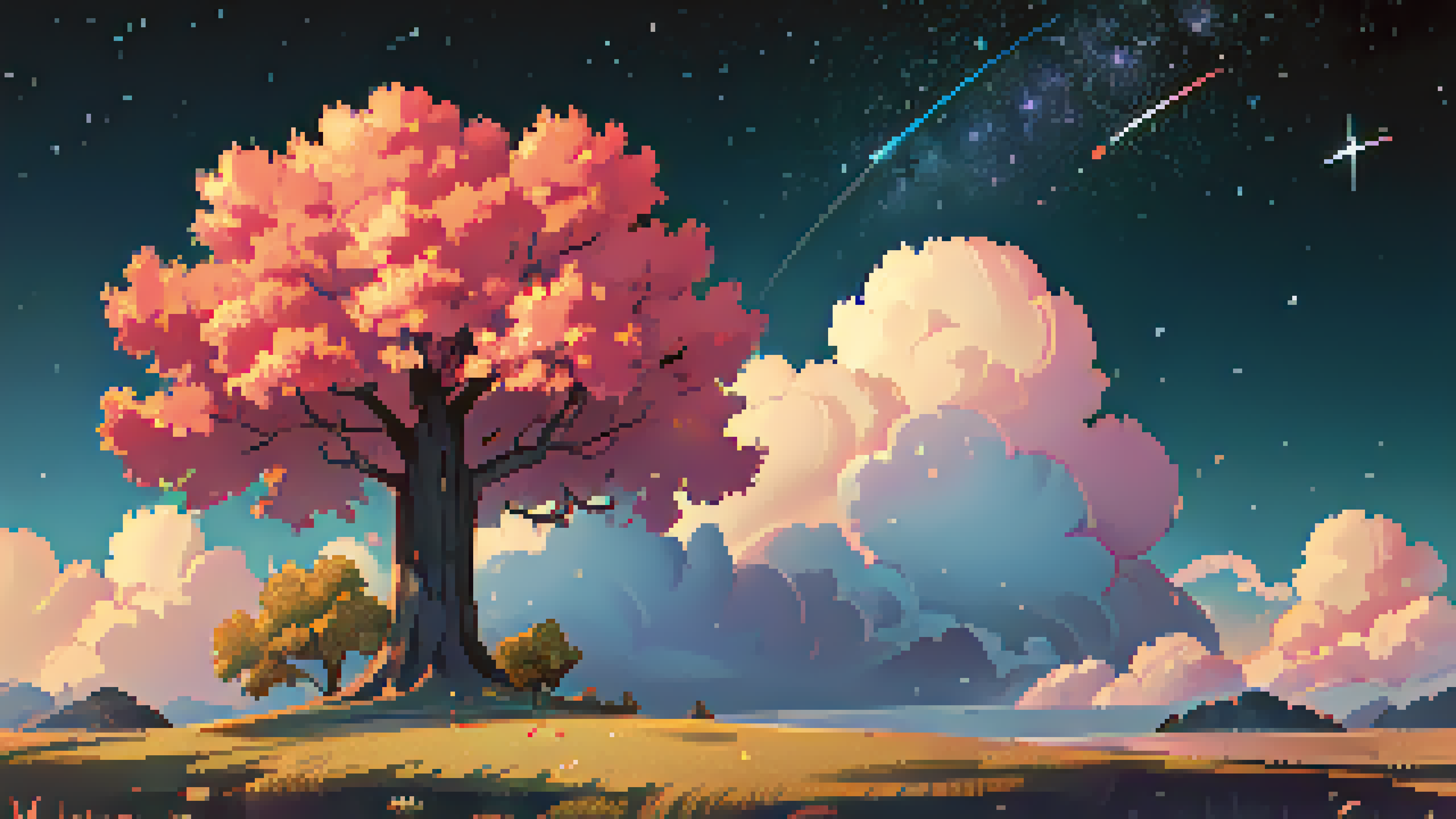 General 5120x2880 digital art pixel art pixelated pixels trees cherry blossom night stars clouds shooting stars field