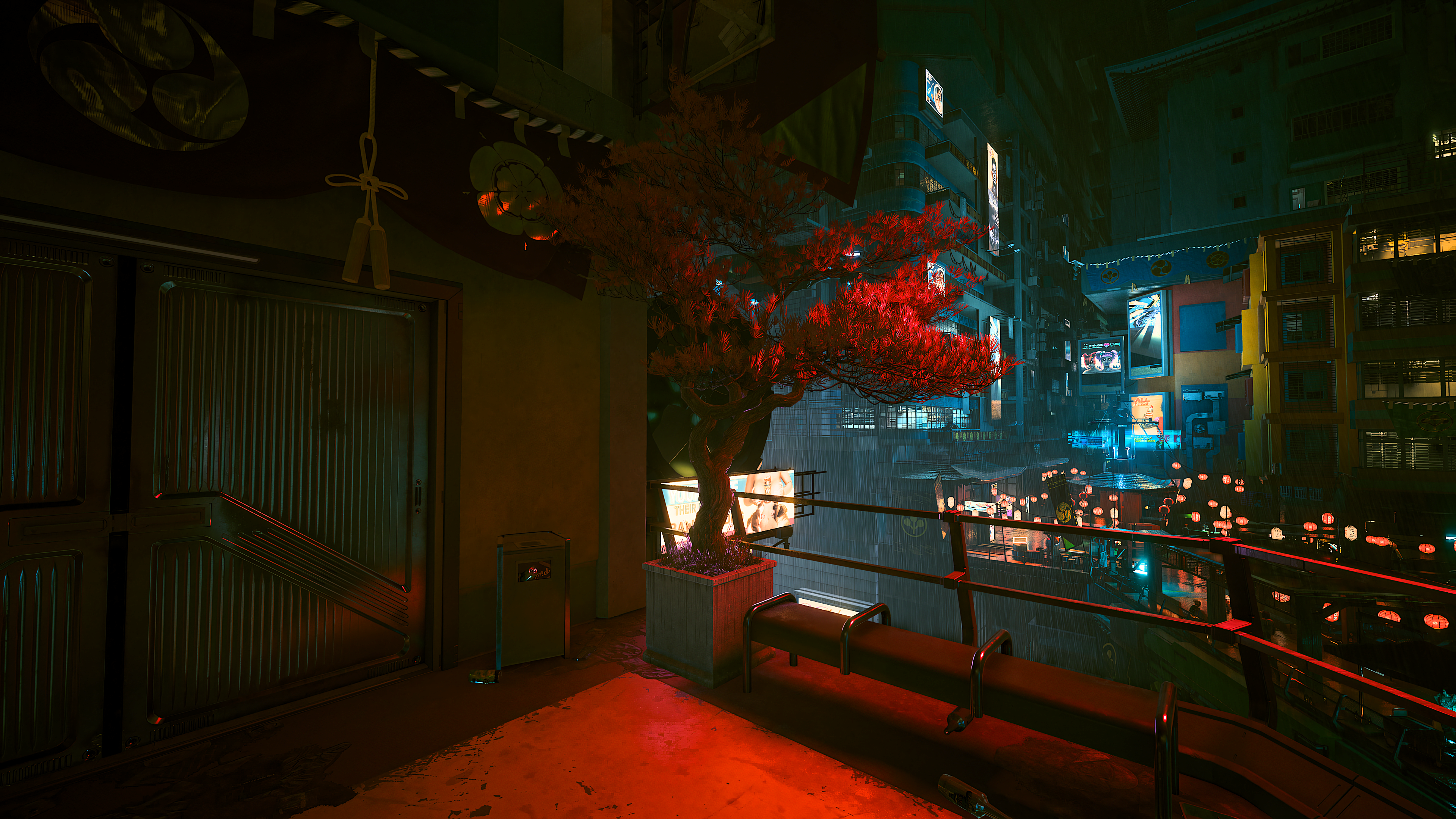 General 3840x2160 bonsai red lights neon door building cyberpunk Cyberpunk 2077 video game art low light digital art