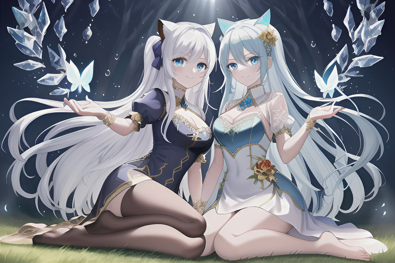 Anime 1536x1024 white anime girls stockings ice cat girl cat ears butterfly grass AI art