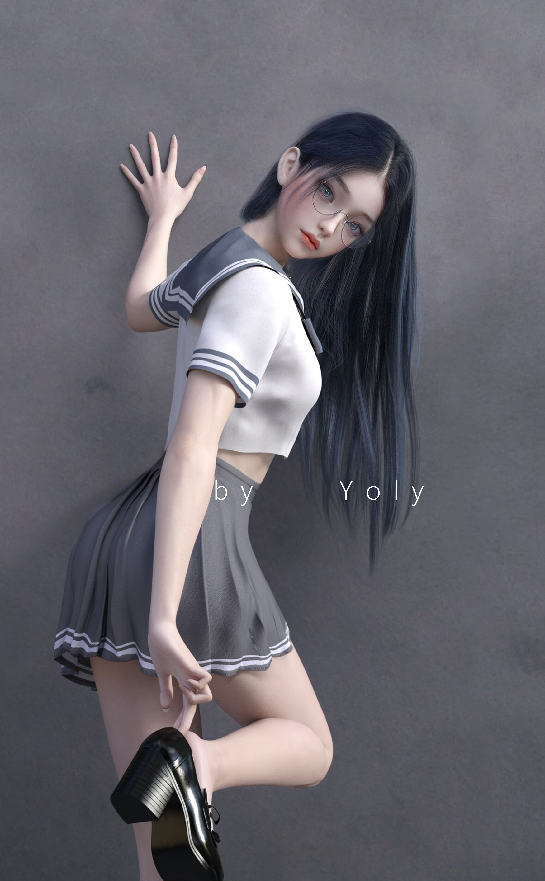 General 1750x2830 Yoly schoolgirl black hair Asian women model CGI digital art artwork portrait display glasses school uniform