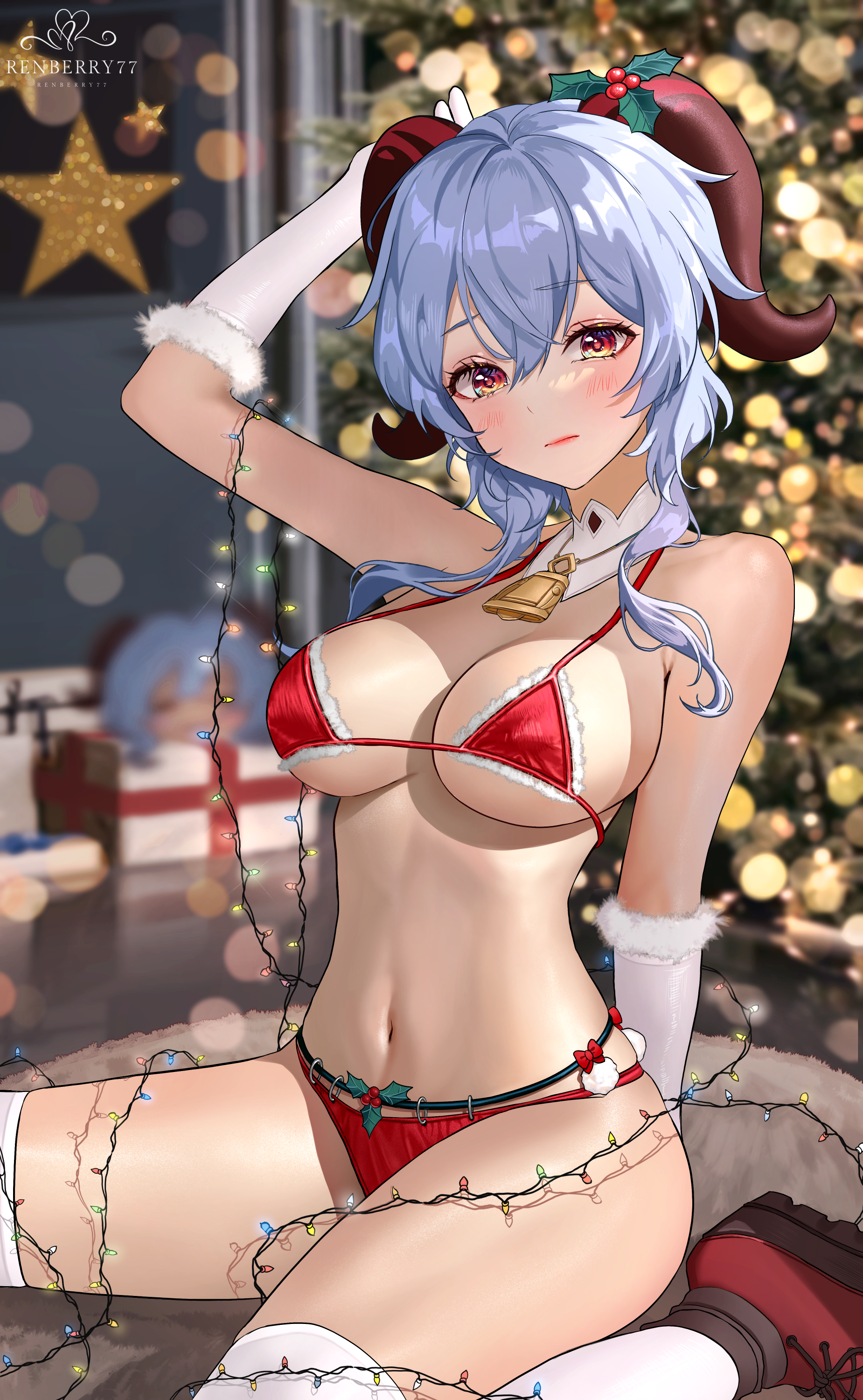 Anime 1850x3000 anime girls boobs Ganyu (Genshin Impact) Genshin Impact blue hair gloves Christmas tree horns underwear Christmas lights renberry77