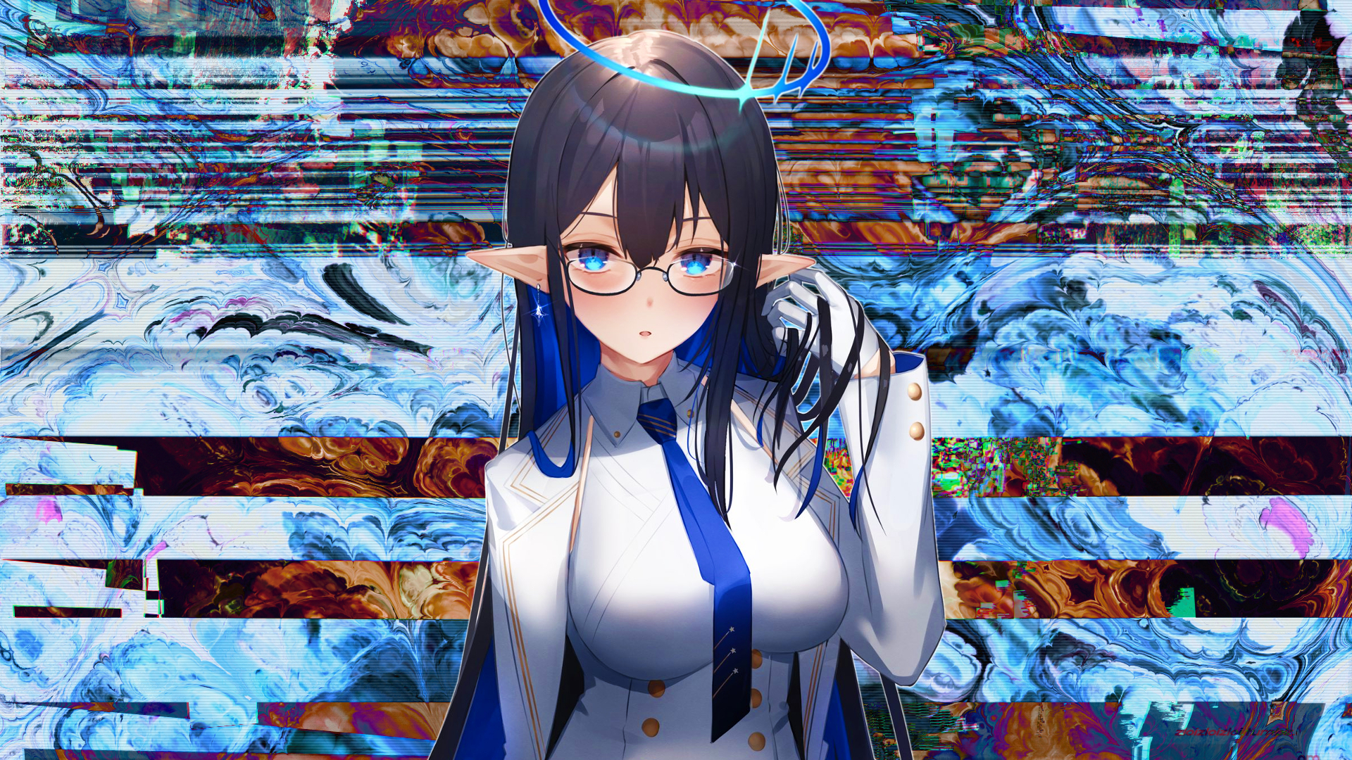 Anime 1920x1080 anime girls creative coding big boobs halo hands in hair pointy ears anime tie glasses blue eyes gloves
