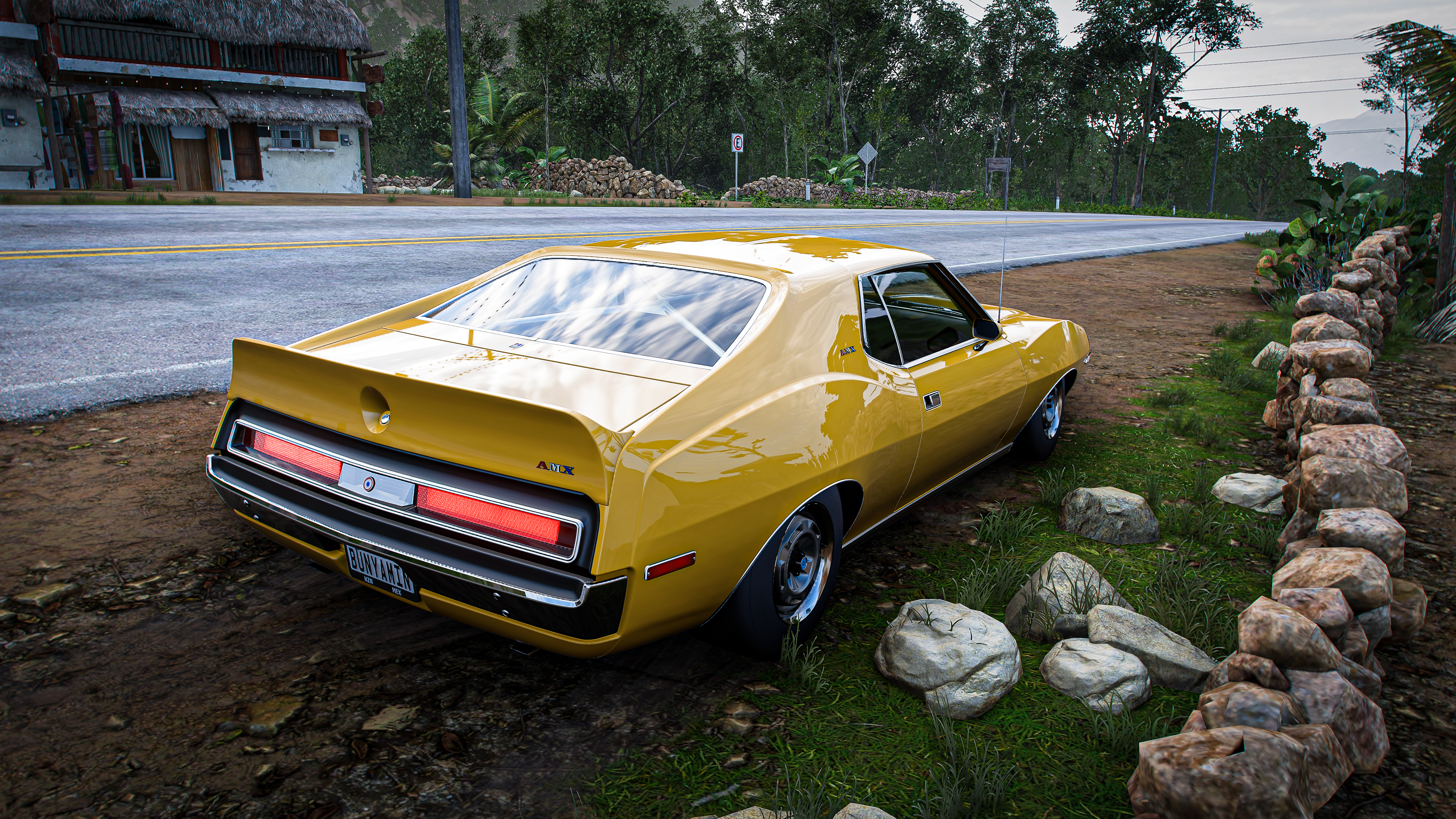 General 3840x2160 Forza Horizon 5 Forza Horizon Forza car vehicle video games video game art Mexican stones road yellow cars AMC Javelin licence plates PlaygroundGames muscle cars American cars