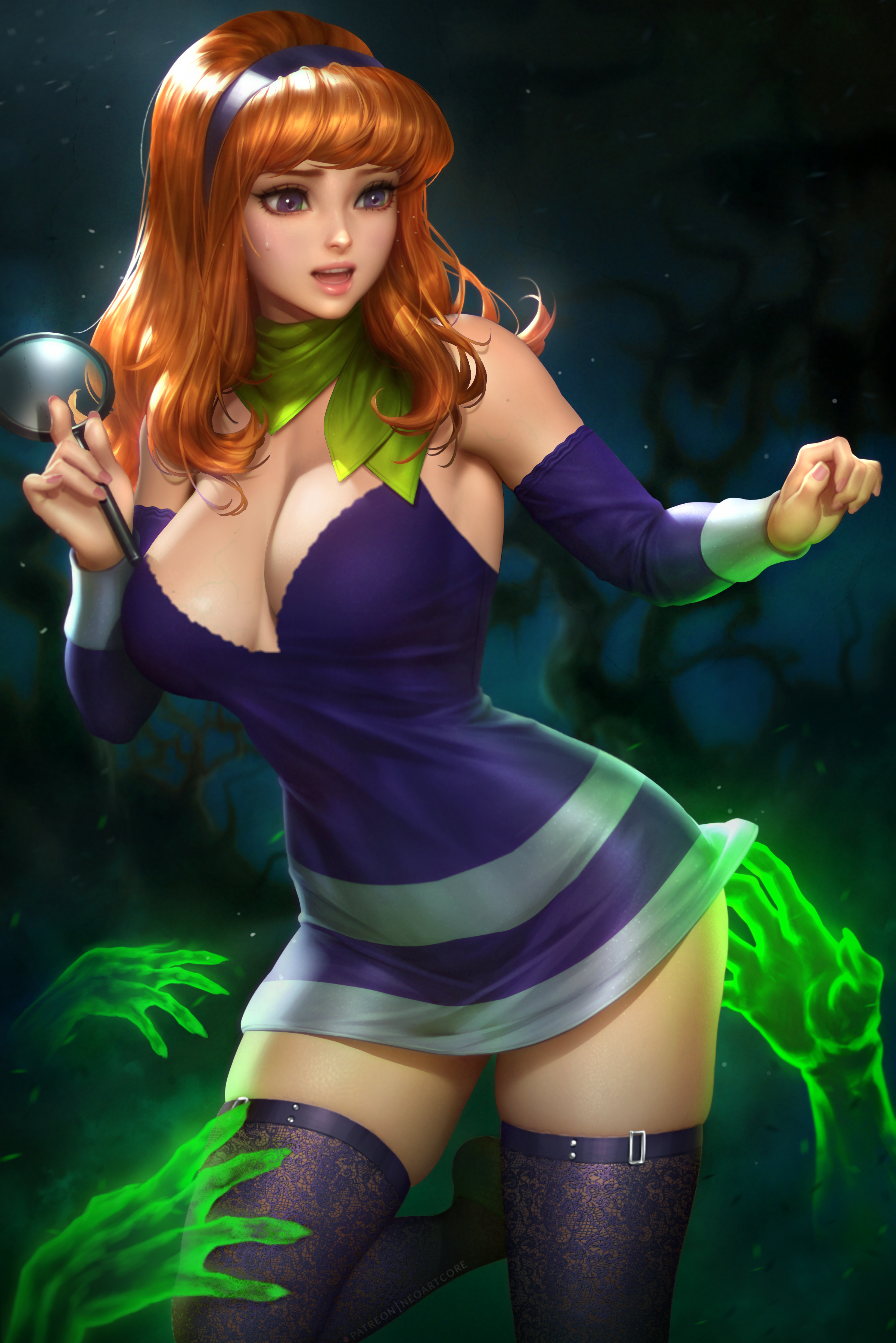 General 2400x3597 Daphne Blake NeoArtCorE (artist) redhead purple eyes scarf minidress detached sleeves miniskirt boobs huge breasts cleavage hairband thick thigh ghost magnifying glass thigh-highs lifting skirt Scooby-Doo digital art