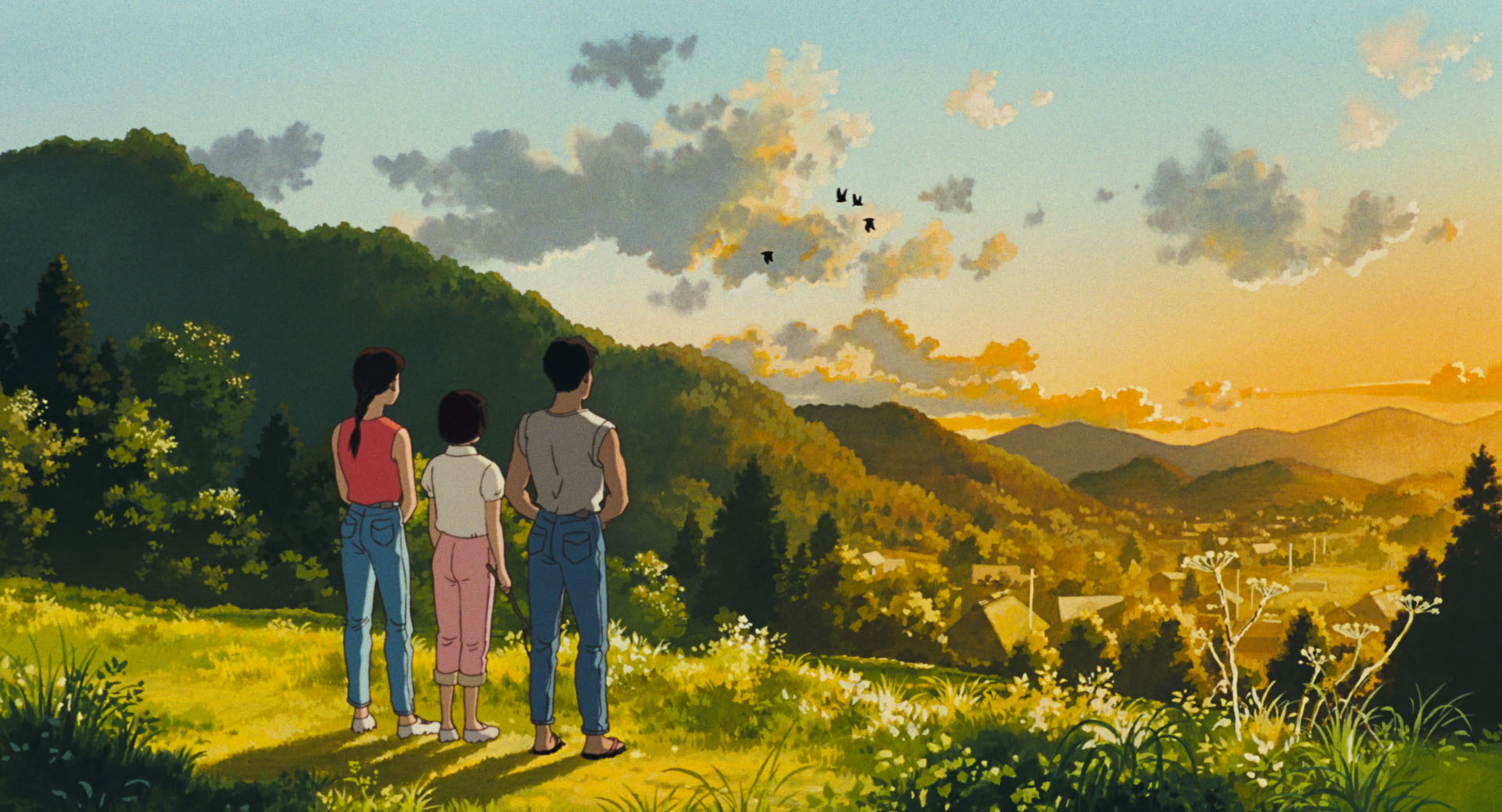 Anime 3840x2076 Studio Ghibli Omoide Poro Poro upscaled film stills anime girls anime boys Anime screenshot sunset sunset glow nature