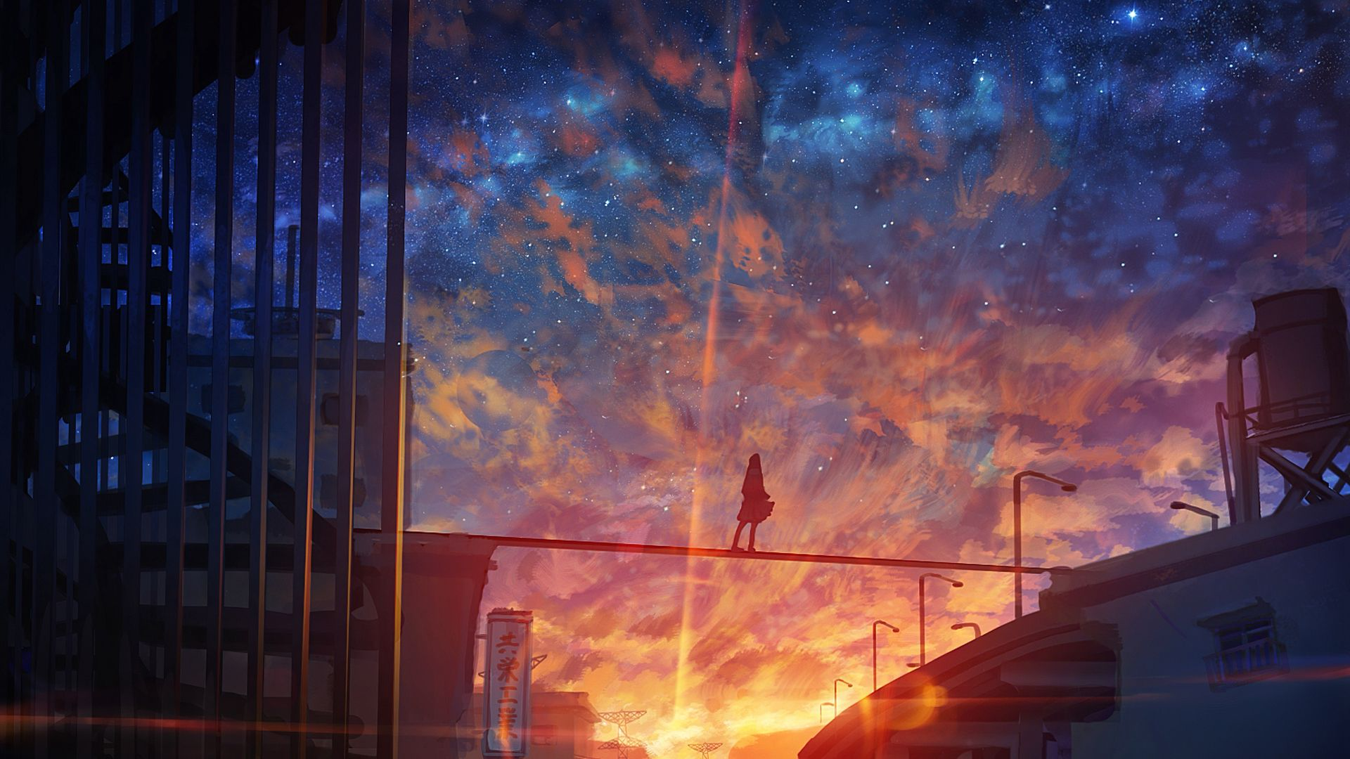 Anime 1920x1080 sunset sunrise anime girls sunset glow sky stars sunlight silhouette standing building starred sky gradient skyscape clouds power lines stairs skirt signs outdoors bridge balcony Kenzo 093