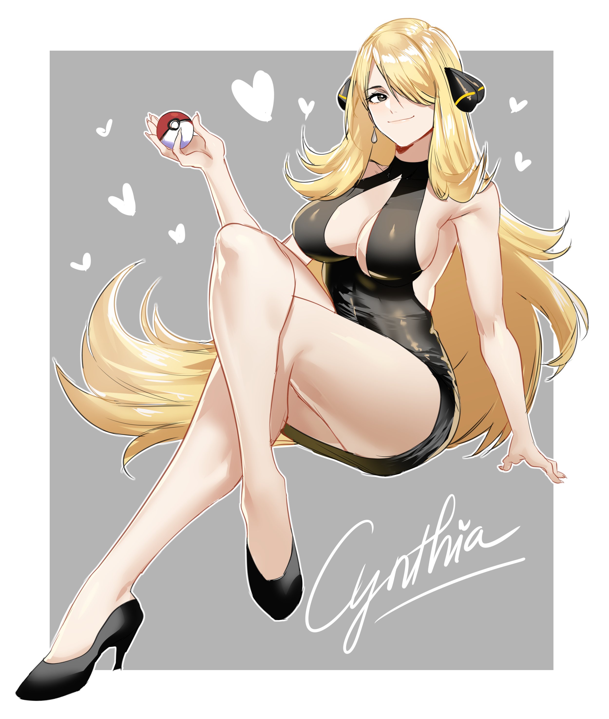 Anime 2500x2953 anime girls Cynthia (Pokémon) Pokémon heels no bra dress blonde Poke Ball Hanny hair over one eye big boobs heart legs crossed