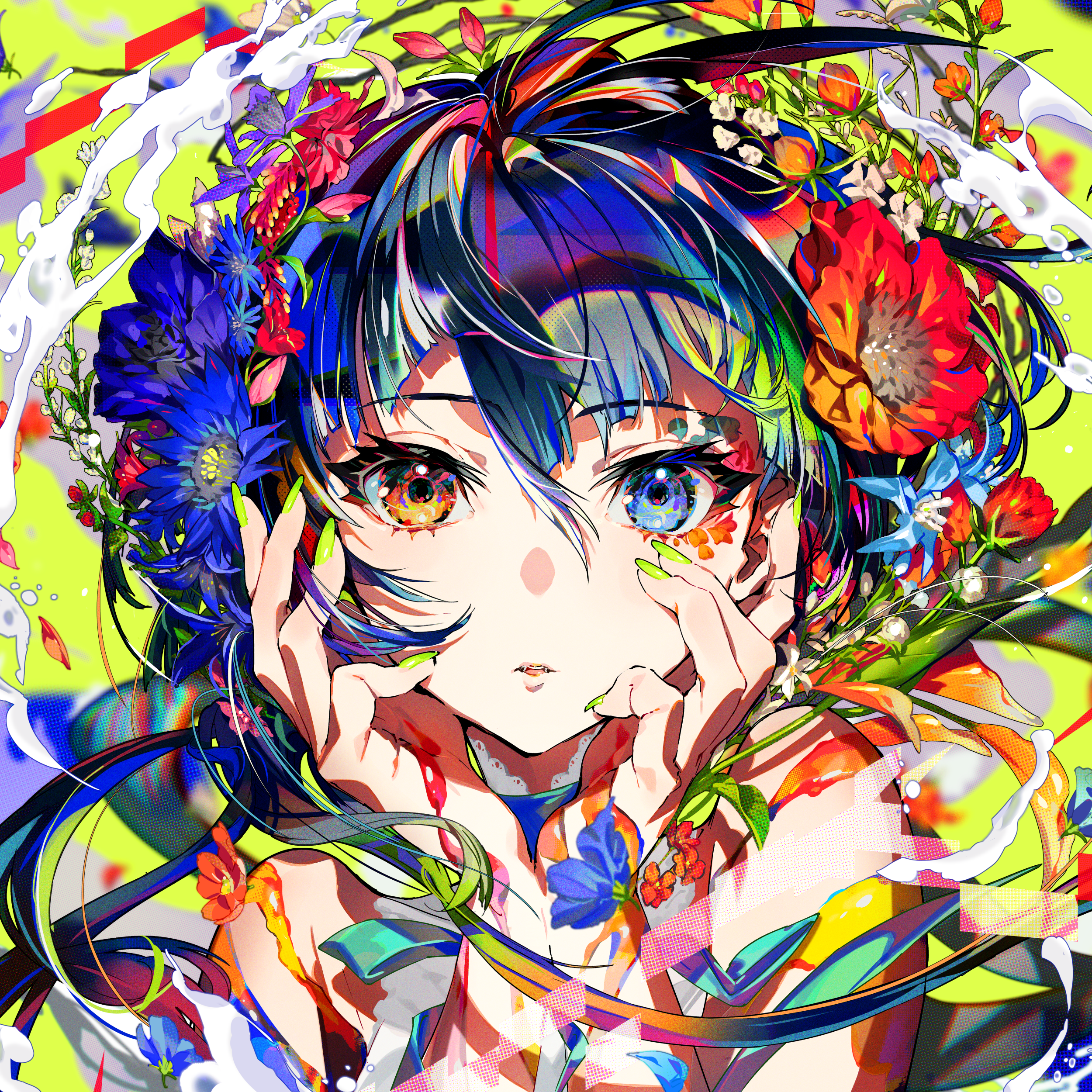 Anime 2500x2500 anime girls colorful flowers mika pikazo heterochromia flower in hair Mishan Dance