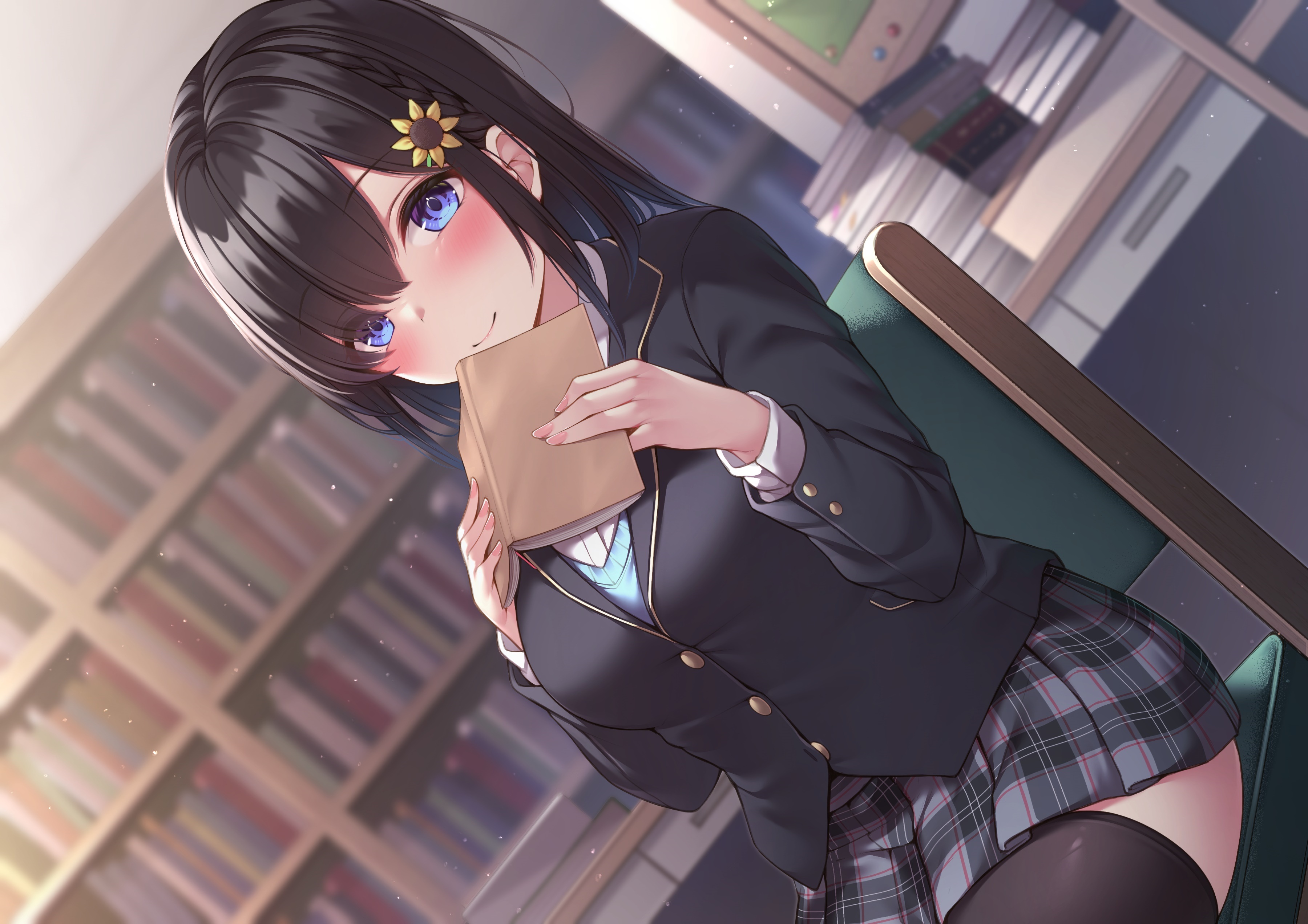 Anime 3600x2545 anime anime girls schoolgirl school uniform blushing blue eyes stockings books library