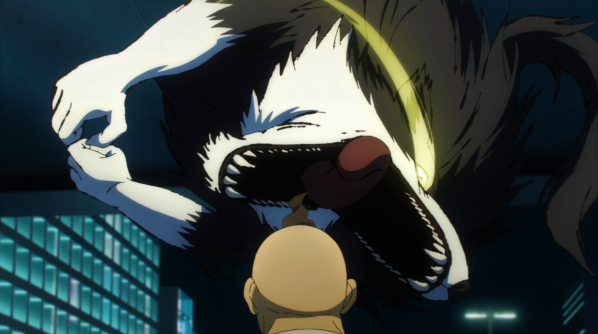 Anime 1920x1072 Jujutsu Kaisen wolf dog teeth bald fighting open mouth anime Anime screenshot animals glowing eyes