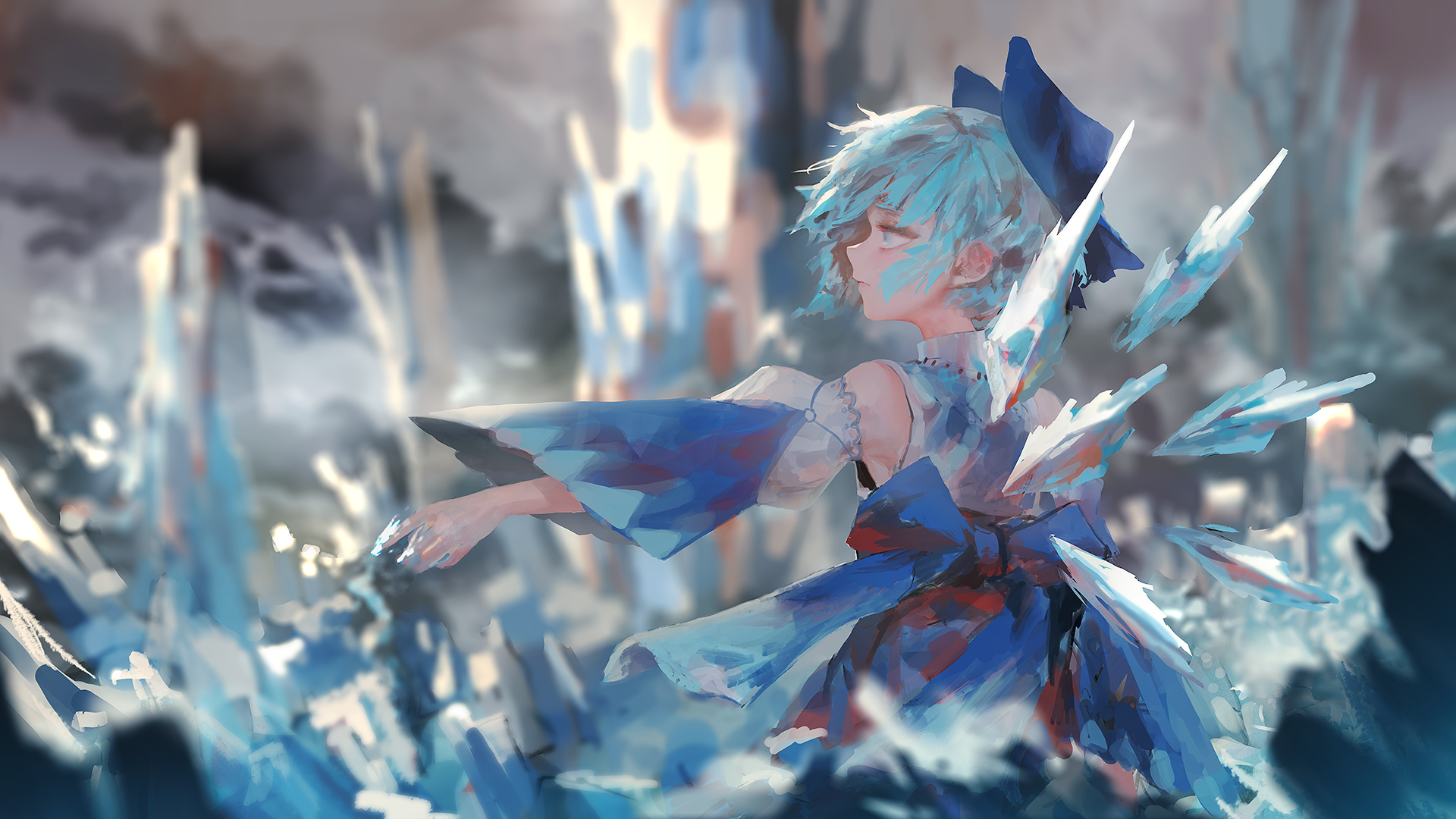 Anime 1920x1080 anime anime girls Cirno Touhou blue hair blue eyes looking away ice short hair bare shoulders depth of field