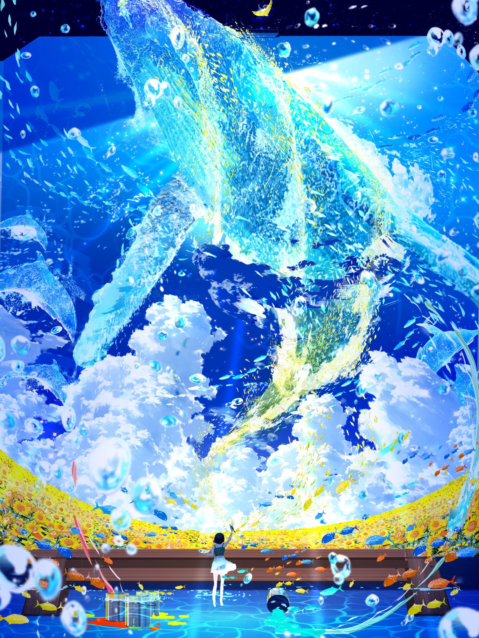 Anime 1536x2048 anime anime girls portrait display whale animals standing paint brushes painting water water drops fish sunflowers sunlight flying whales
