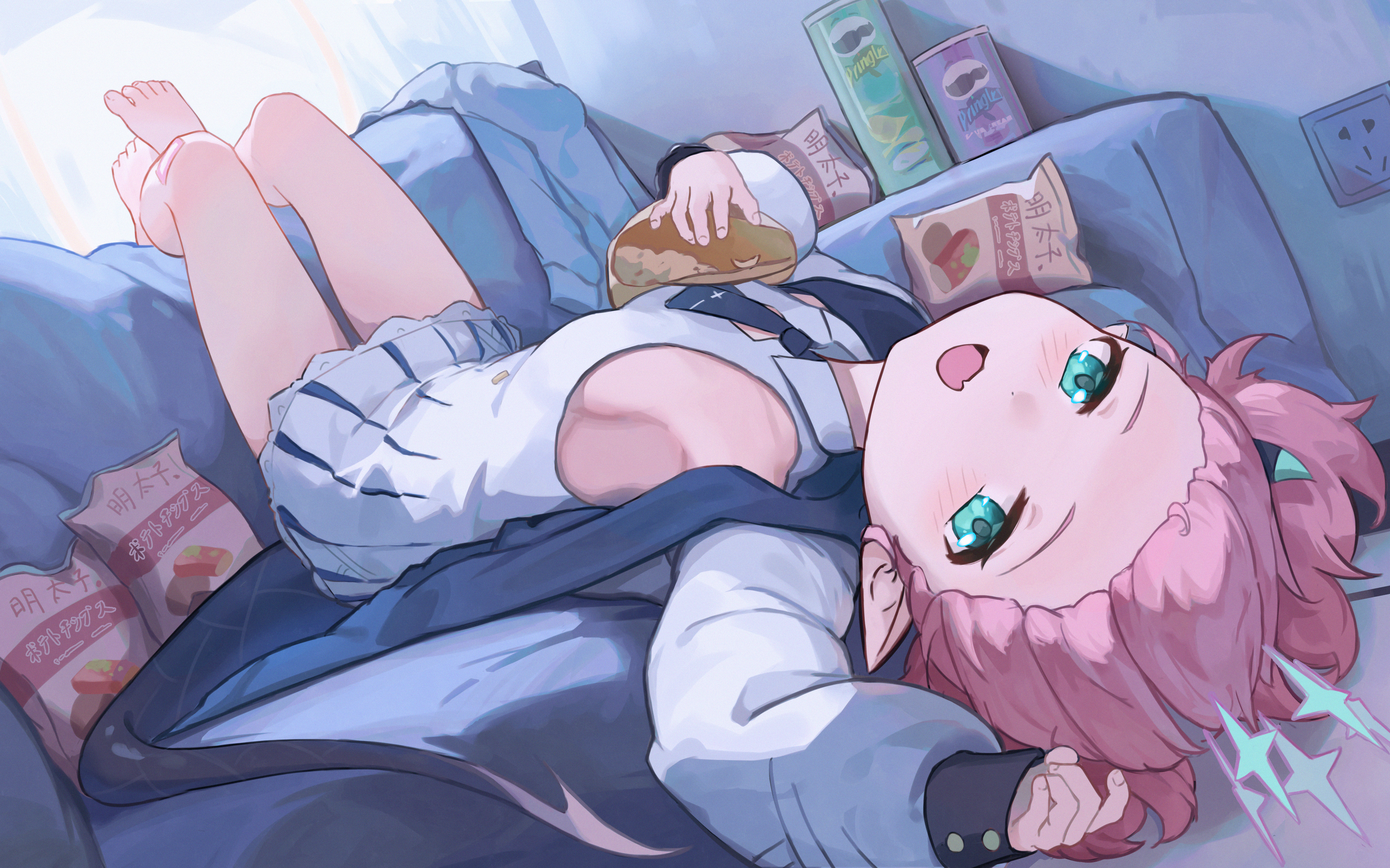 Anime 5760x3597 small boobs feet anime girls barefoot Yuragi Momoka (Blue Archive) Blue Archive pointy ears pink hair pantyhose indoors women indoors Japanese green eyes lying down lying on back open mouth sideboob legs couch tail miniskirt