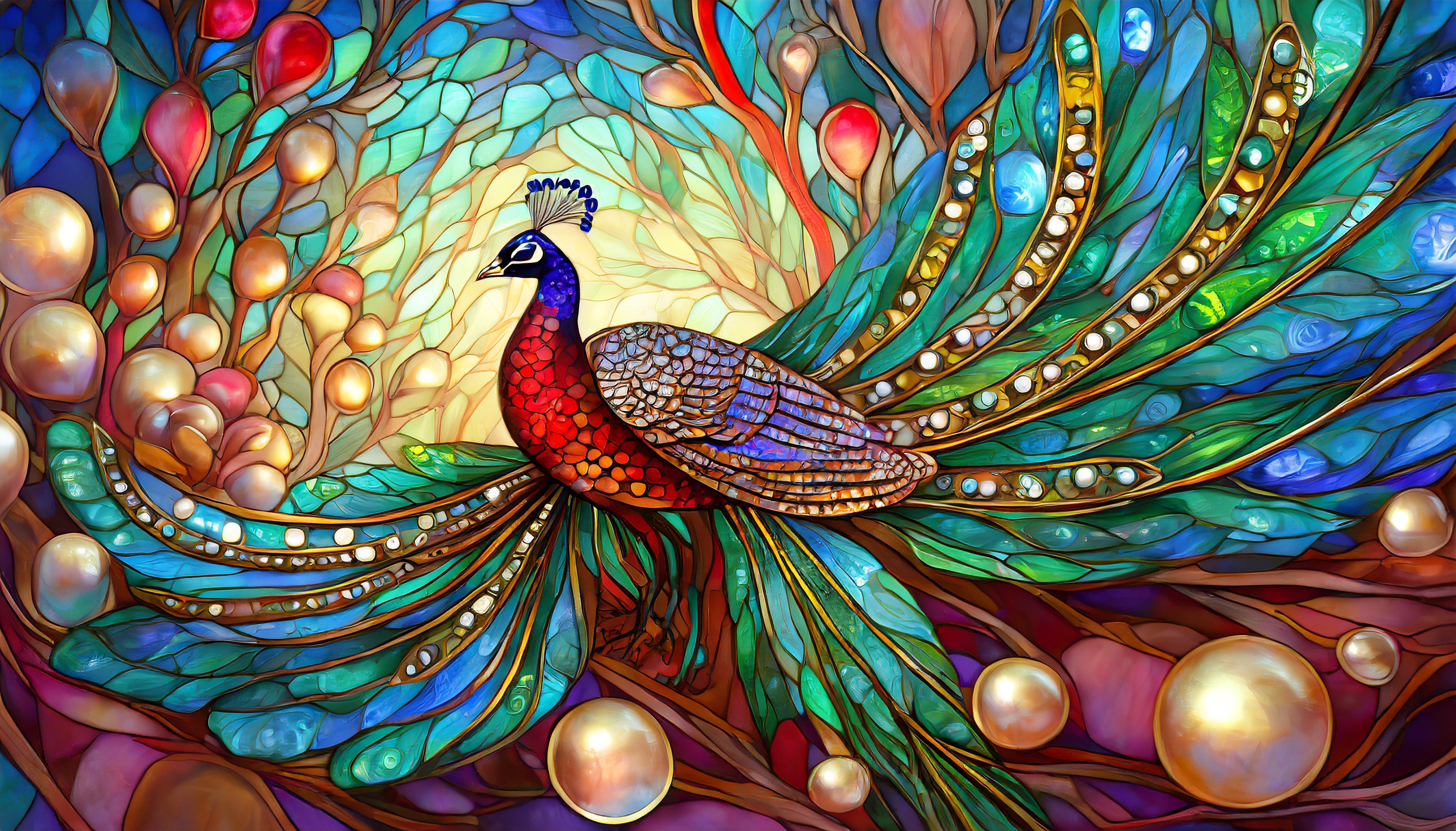 General 2688x1536 AI art digital art peacocks peacock feathers red stained glass