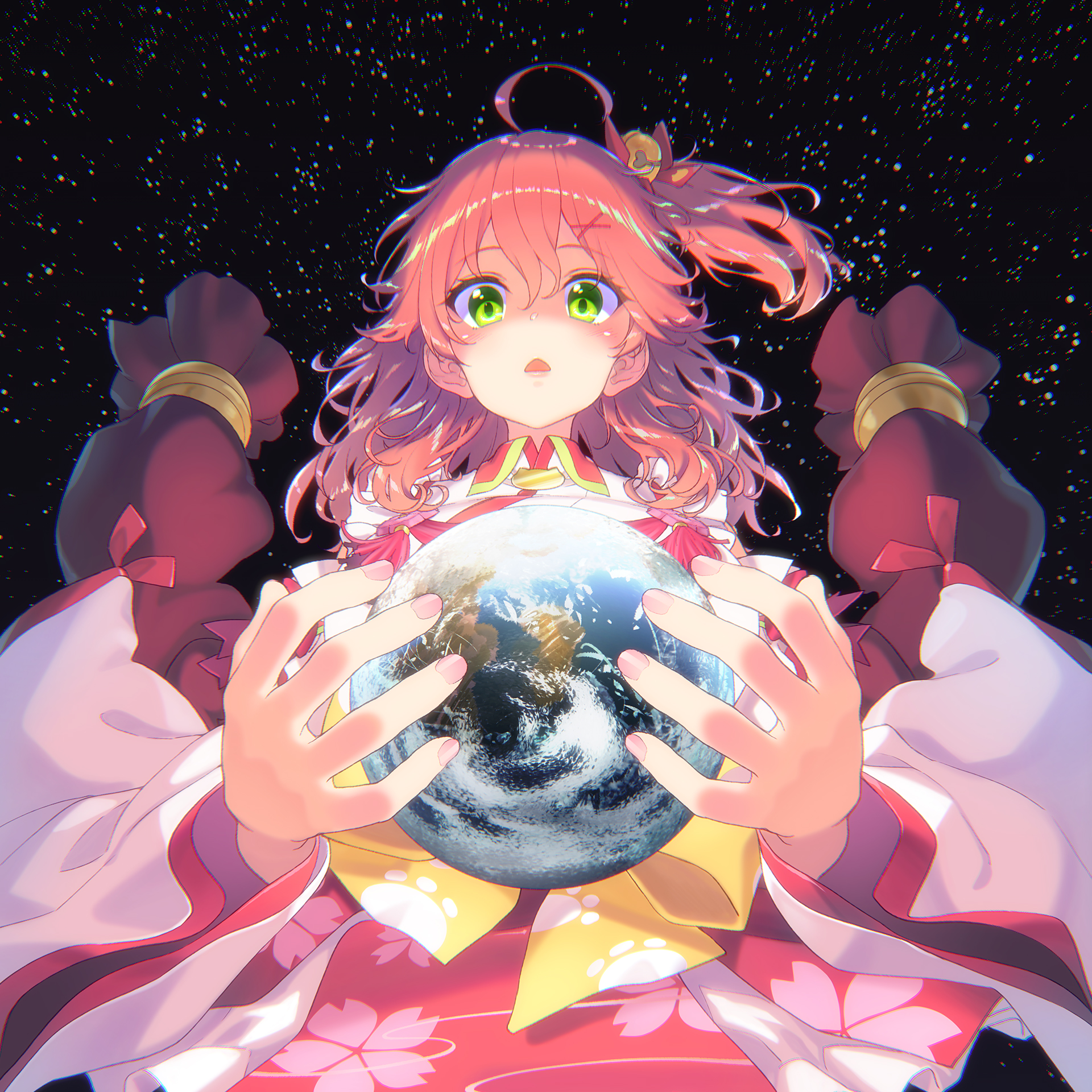 Anime 1920x1920 Hololive Sakura Miko Virtual Youtuber space hair ornament pink hair long hair looking at viewer Earth green eyes planet open mouth low-angle long sleeves Hakui Ami hair clip stars floral ahoge