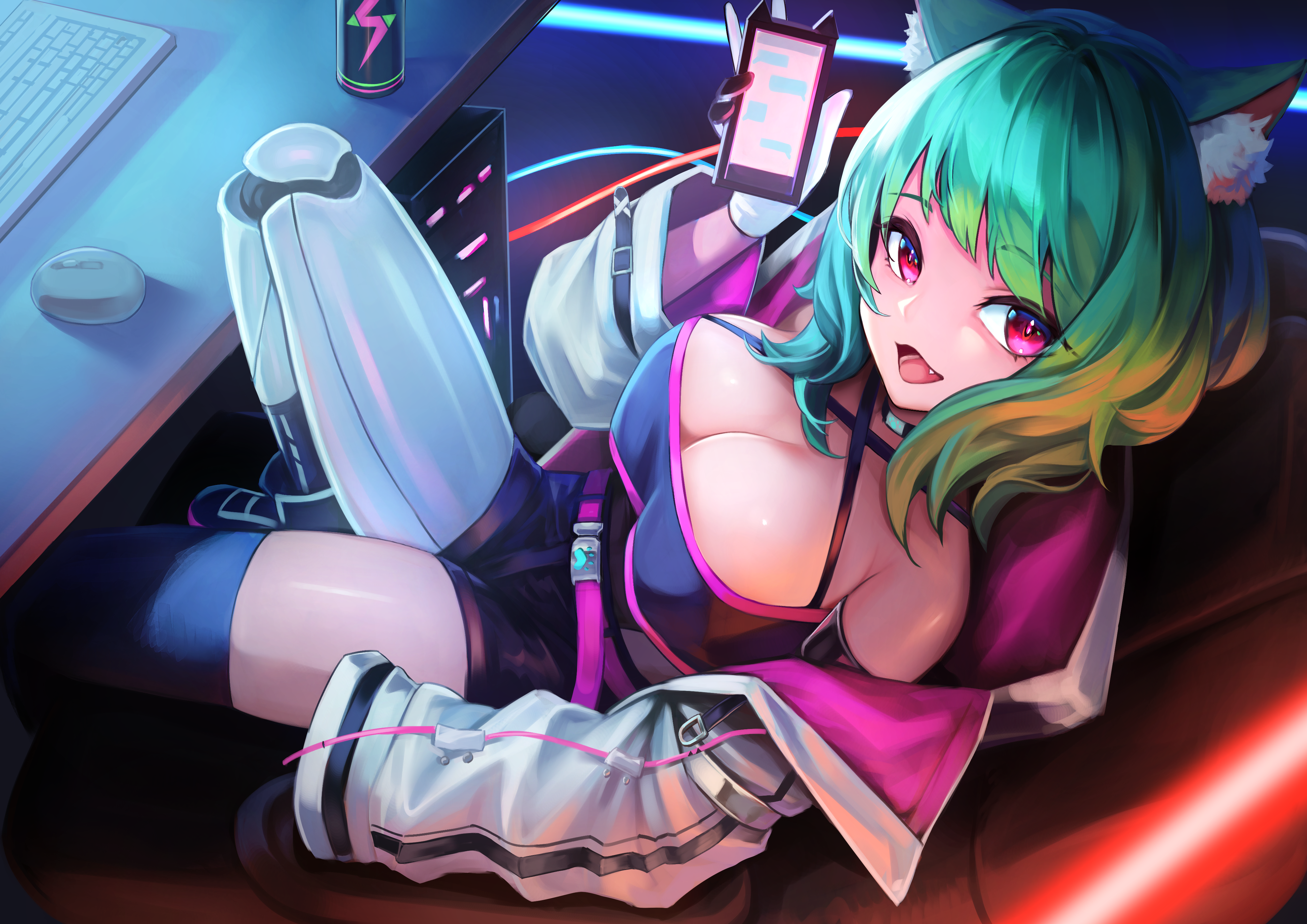Anime 4093x2894 big boobs stockings cleavage anime girls looking at viewer phone open mouth short hair cat girl cat ears computer technology gaming chair purple eyes indoors women indoors gloves sitting jacket green eyes drink can computer mice