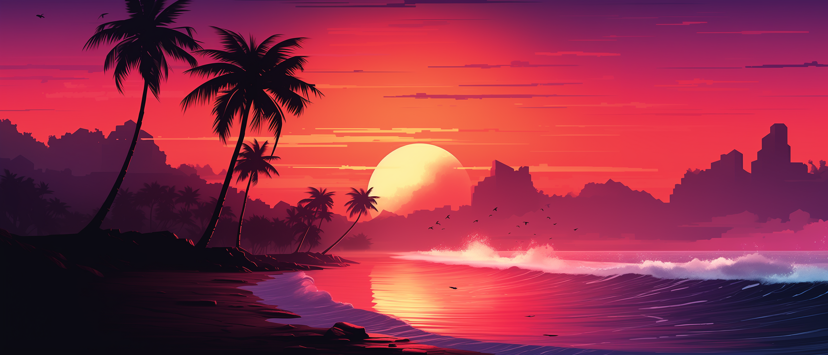 General 3360x1440 synthwave sunset digital art palm trees sea Sun sky AI art clouds waves sunset glow reflection water