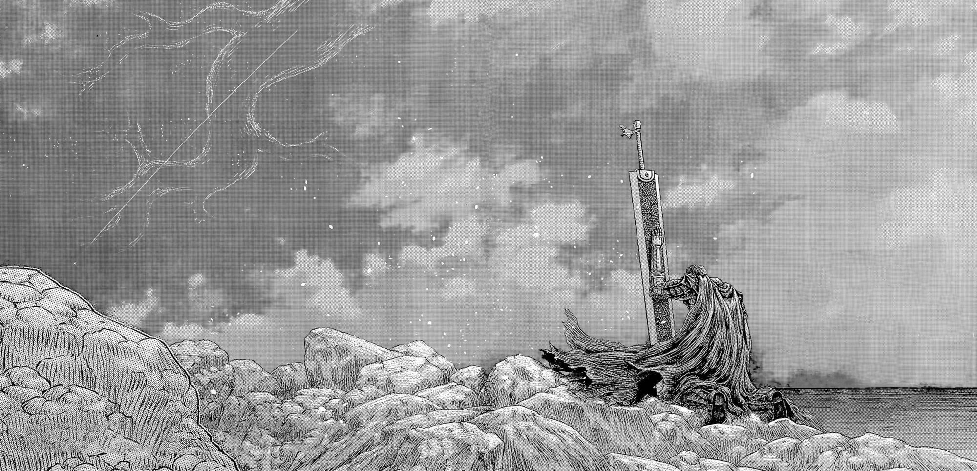 Anime 2000x965 Berserk manga cape monochrome Guts anime men armor kneeling sword weapon Kentaro Miura