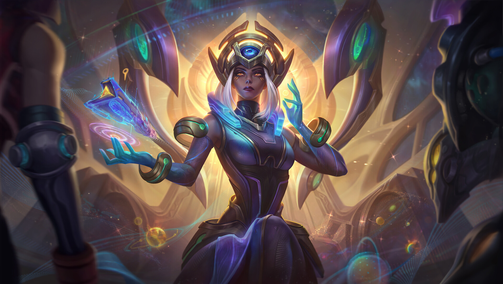 General 1920x1085 XuNing Cui women Karma (League of Legends) glowing fantasy art hologram video game art digital art looking at viewer drawing League of Legends long hair closed mouth video game characters yellow eyes technology video game girls