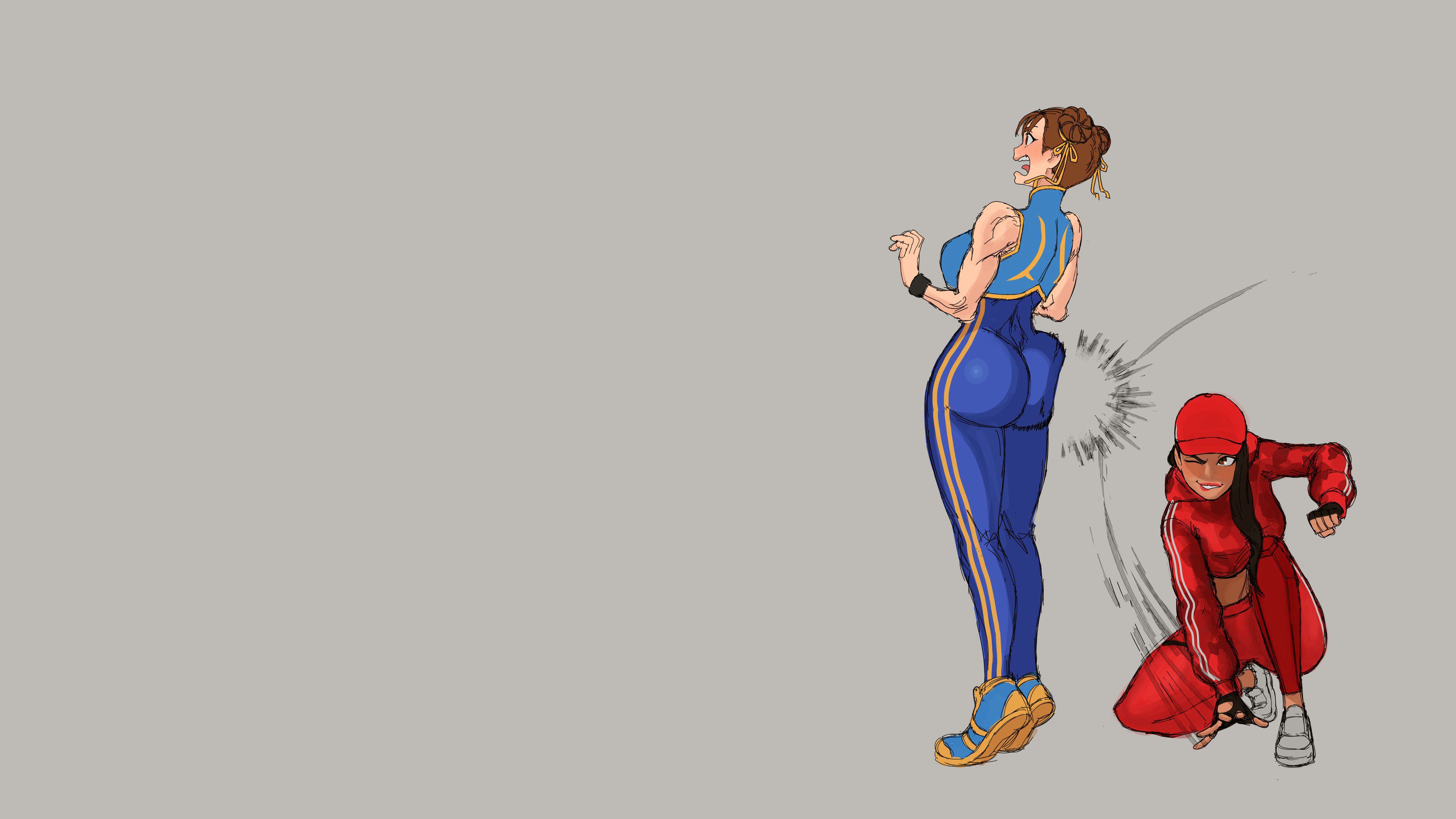 Anime 3840x2160 Street Fighter Chun-Li Fortnite thighs thighs together spanking ass leggings hat dark skin fighting games video game girls sneakers tank top hoods bare midriff bare shoulders muscular surprised Capcom big boobs simple background belly video games twin buns minimalism blushing tight clothing squatting one eye closed long hair gloves fingerless gloves gluteal fold