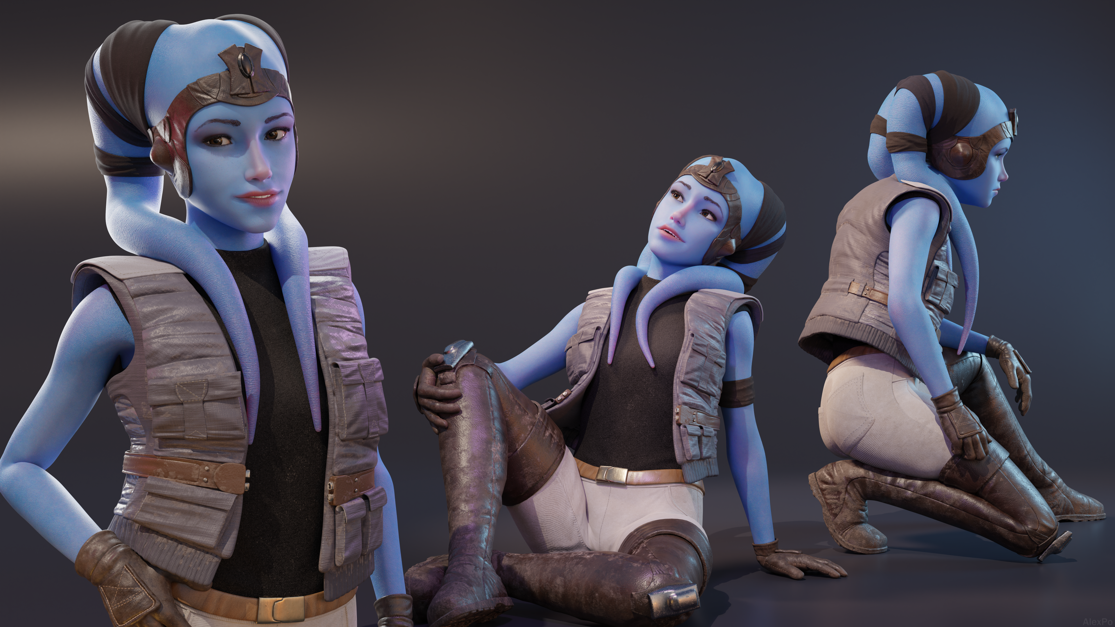 General 3840x2160 Twi'lek Star Wars video game characters CGI Star Wars: Knights of the Old Republic Knights of the Old Republic character design  blue skin looking at viewer gloves thigh high boots jacket minimalism digital art simple background sitting Mission Vao