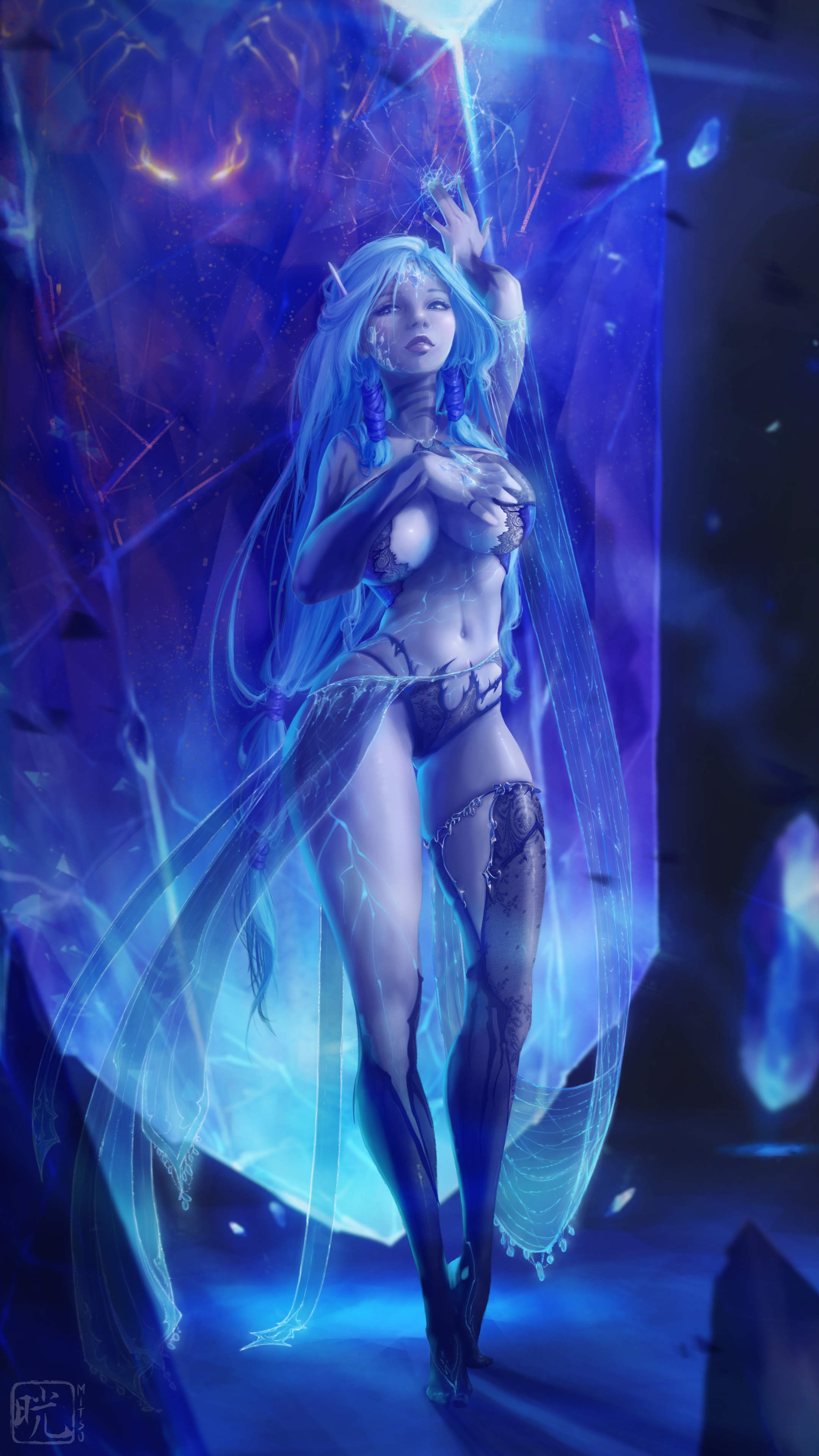 General 2160x3840 Mitsu Shiva (Final Fantasy) big boobs blue skin blue hair portrait display Final Fantasy standing video game girls long hair looking at viewer blue eyes video game characters crystal  covering boobs