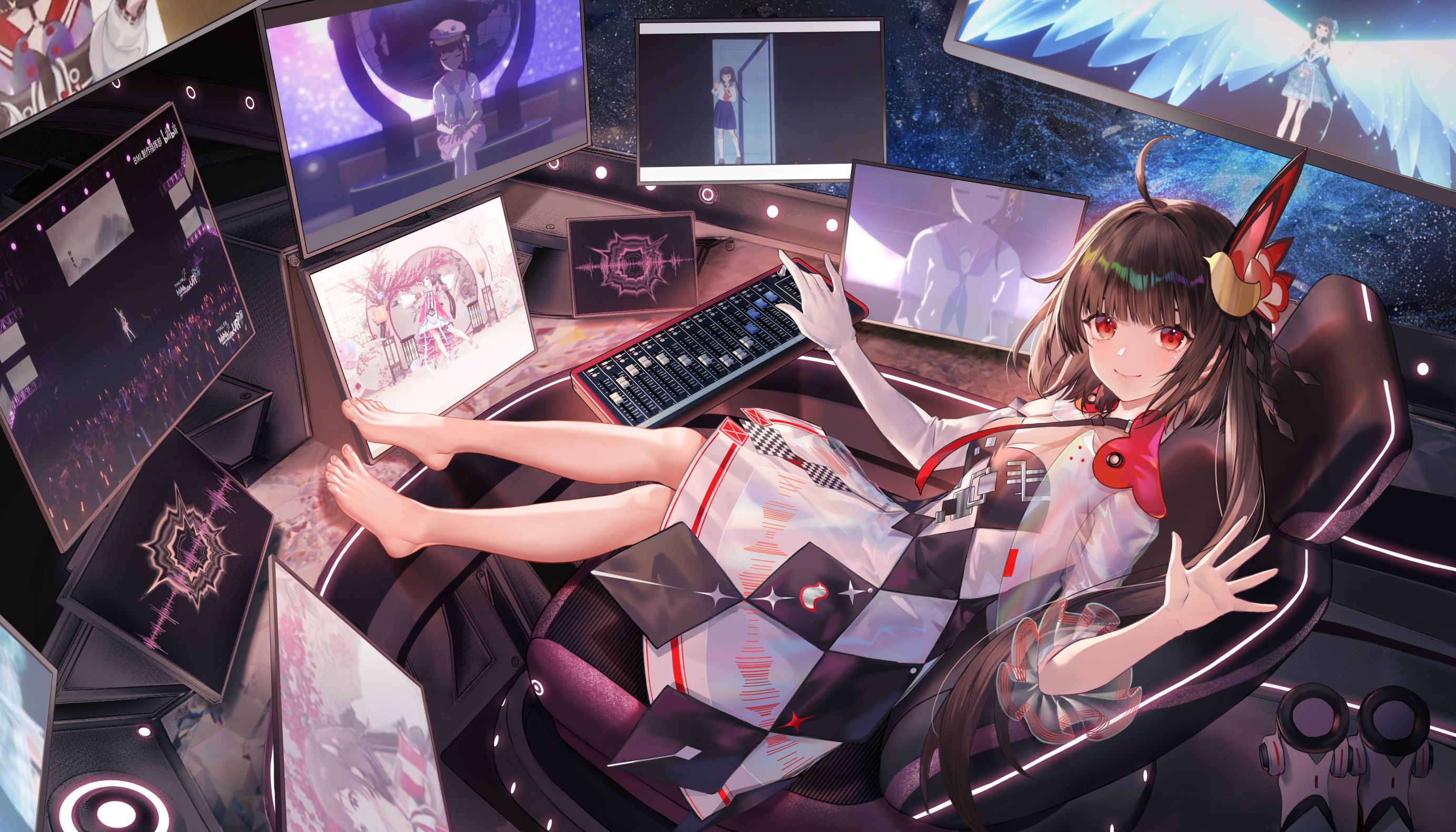 Anime 2765x1580 Pixiv Criin anime girls lingyuan waving looking at viewer technology computer sitting gaming chair long hair red eyes brunette smiling monitor barefoot Virtual Youtuber anime