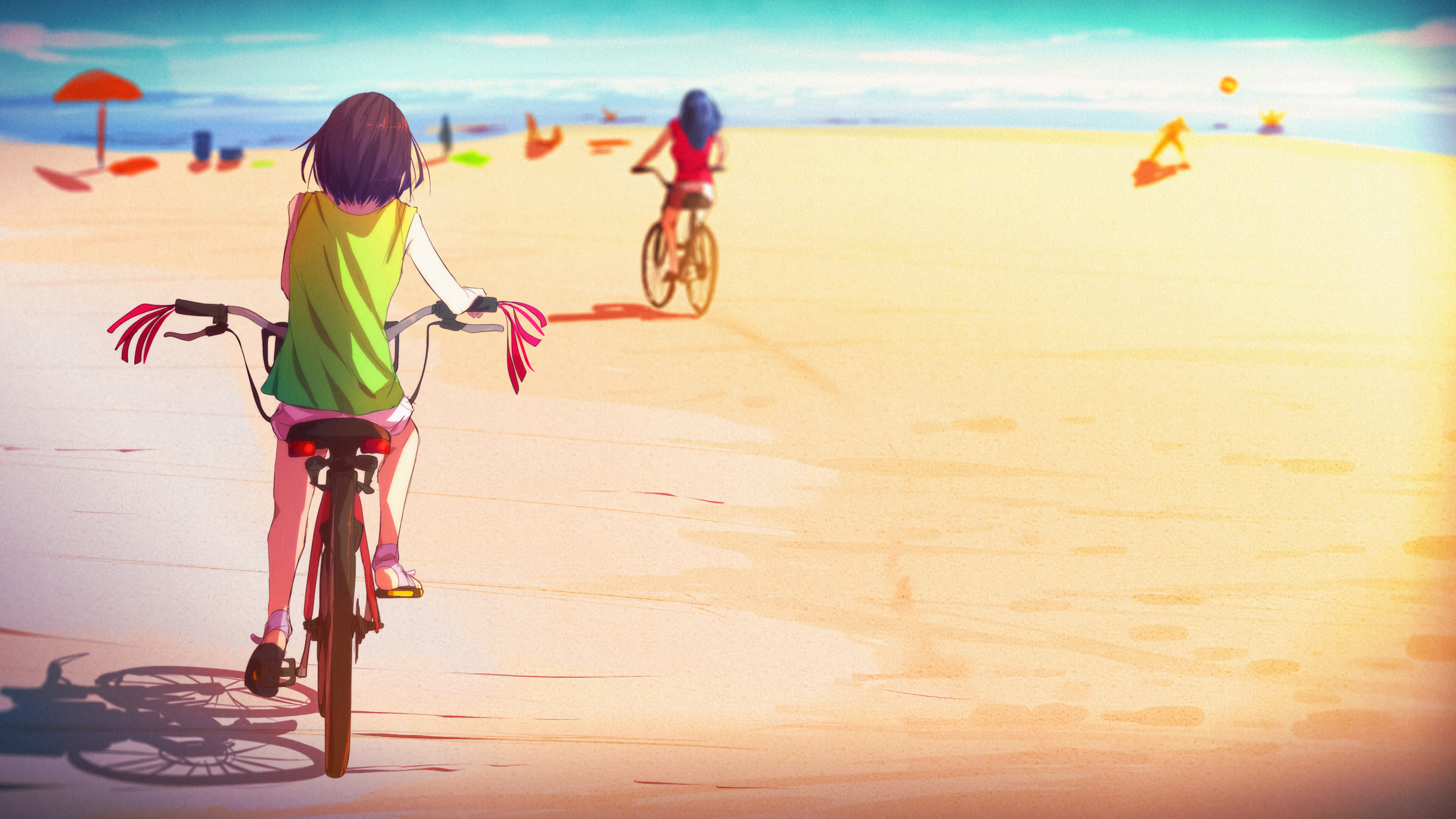 Anime 3840x2160 Tom Skender anime girls anime DeviantArt bicycle beach sand water sunlight shadow clouds sky