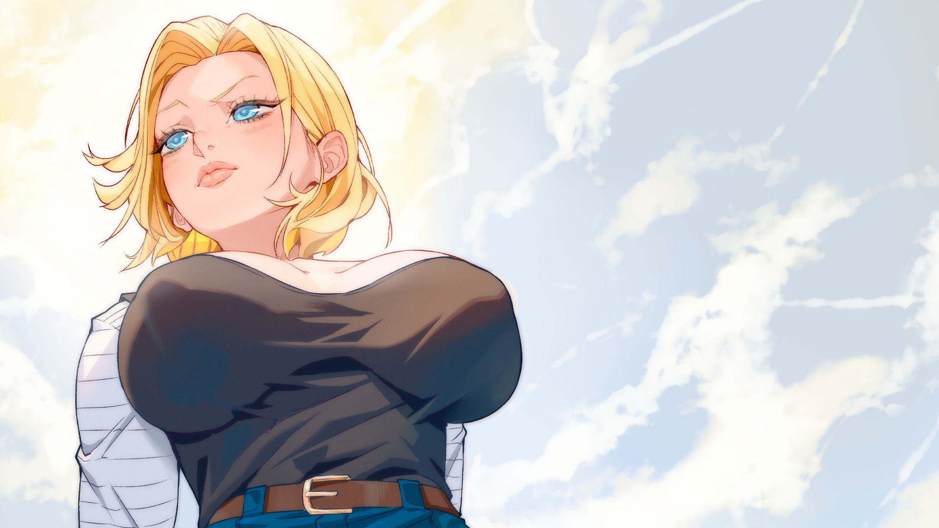Anime 1920x1080 Arttoru simple background minimalism blue eyes anime girls huge breasts blushing Dragon Ball Z juicy lips looking away Android 18 short hair closed mouth blonde belt