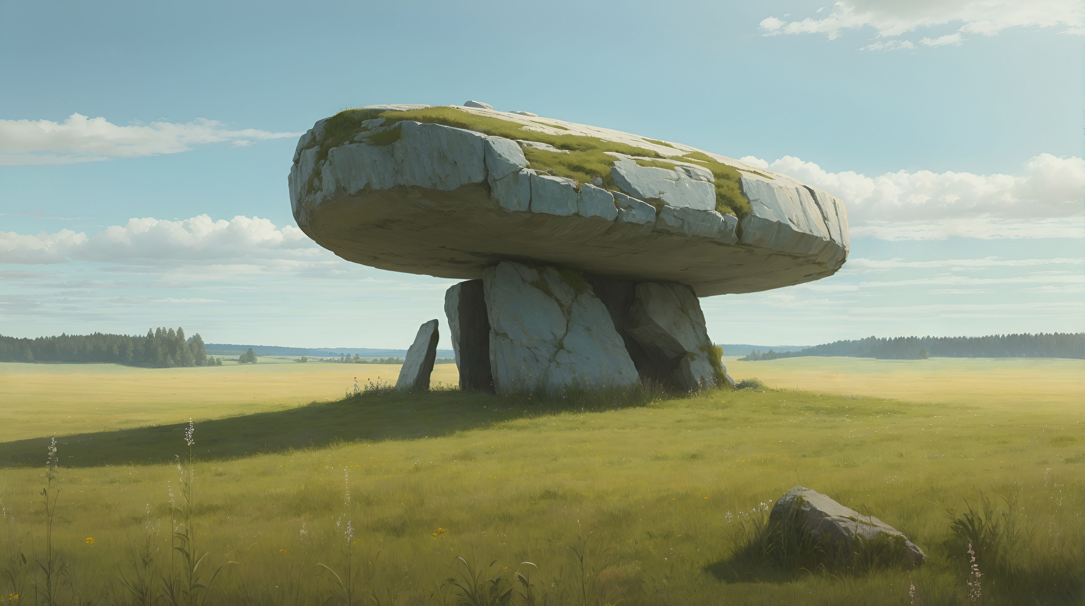 General 3552x1984 field rocks stones overgrown clouds nature sky grass sunlight landscape dolmen digital art AI art