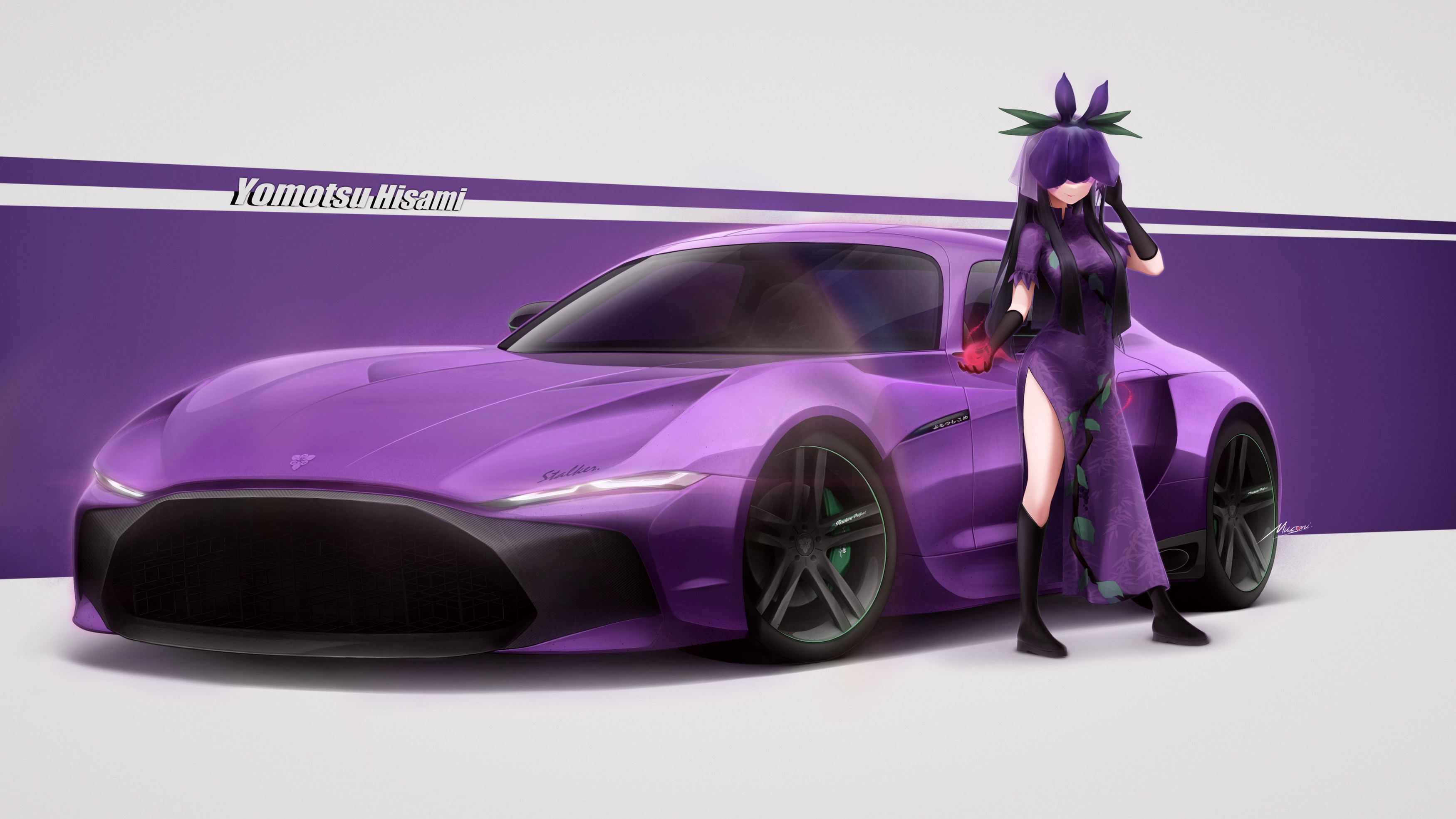 Anime 3500x1969 car simple background purple hair black boots Chinese clothing long hair gloves anime girls looking at viewer standing vehicle frontal view Yomotsu Hisami smiling minimalism