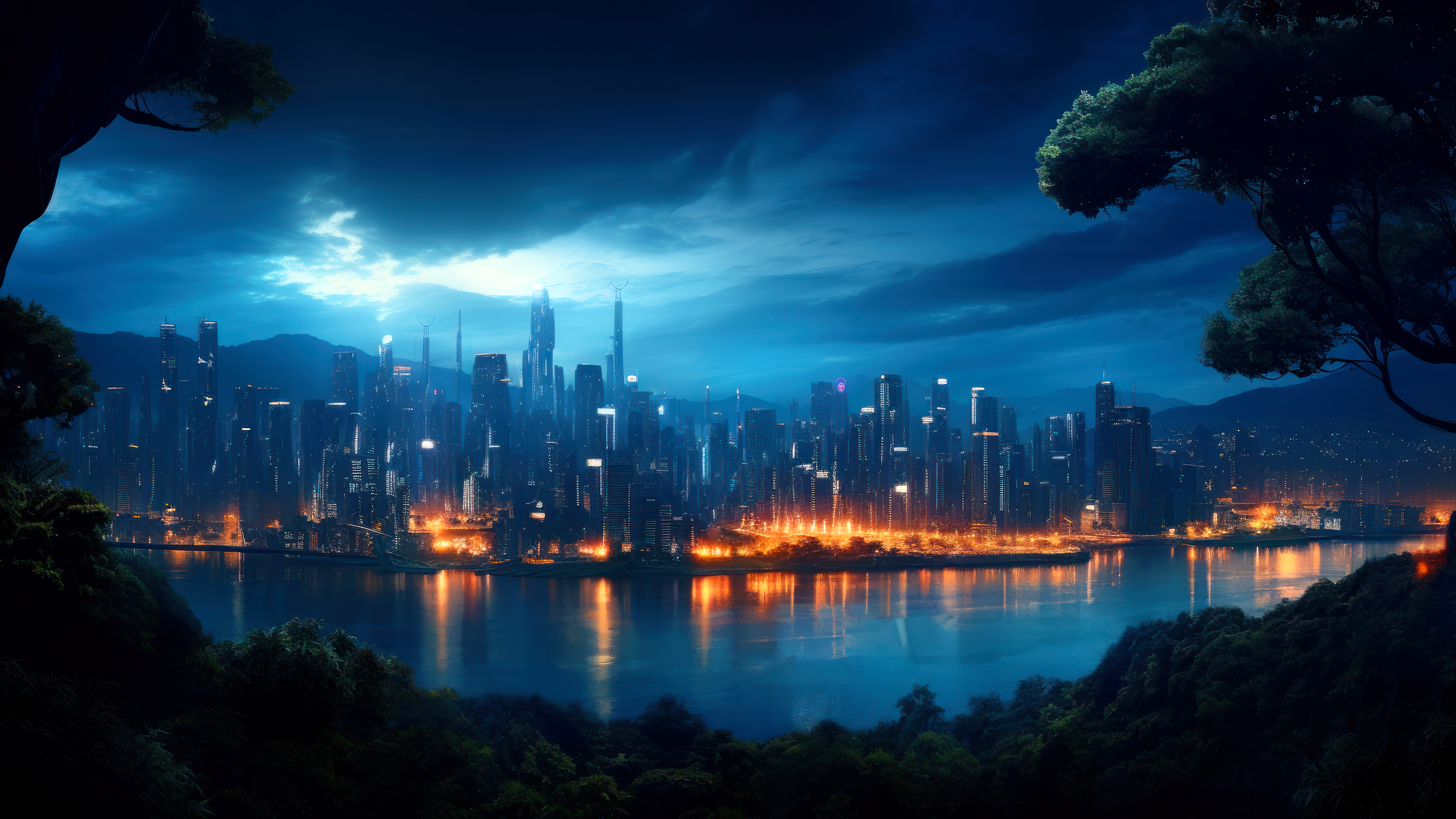 General 3840x2160 AI art cityscape city sky clouds water nightscape digital art building skyscraper city lights reflection mountains