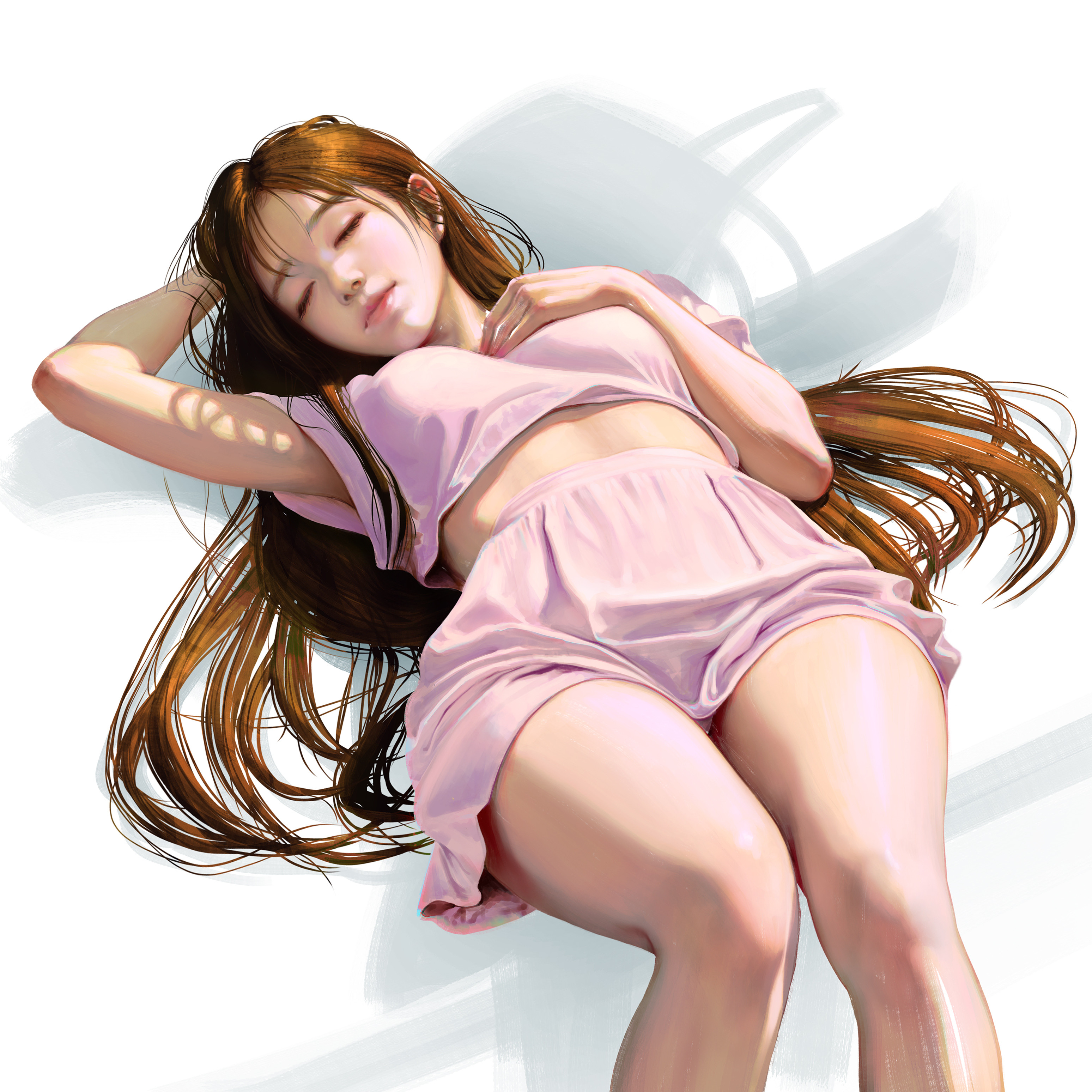 General 3096x3096 LightBox drawing women brunette sleeping white background portrait display digital art simple background legs pink clothing closed eyes closed mouth minimalism lying down lying on back long hair Asian