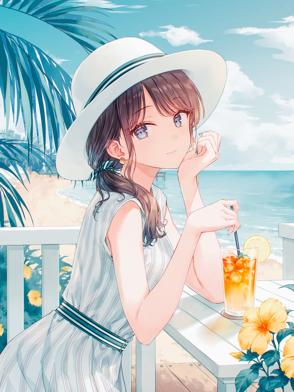Anime 971x1295 anime girls white dress looking at viewer brunette sun dress closed mouth hibiscus orange flowers beach women outdoors sleeveless striped dress drink sky clouds blue eyes nail polish Hiten sea leaves green nails long hair ponytail arm support sun hats flowers hat women on beach horizon smiling