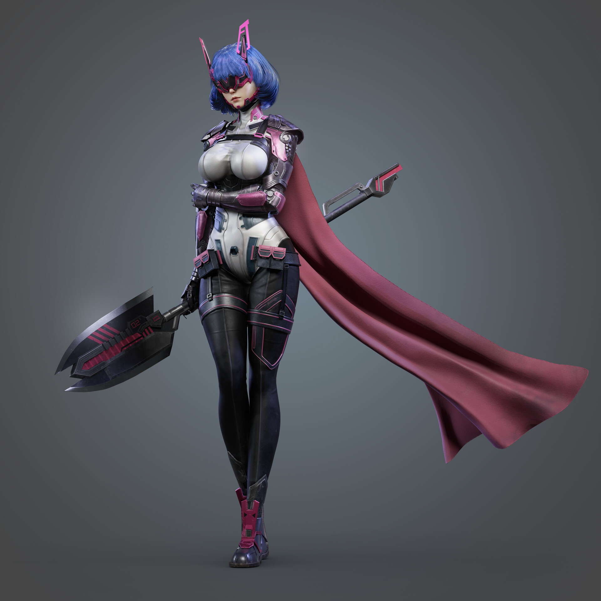 General 1920x1920 Ma Chui Chui CGI women blue hair cyberpunk visors cape simple background minimalism weapon