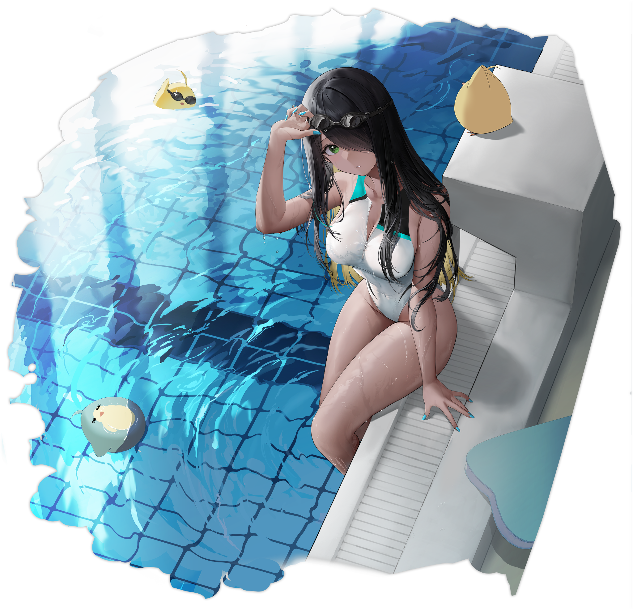 Anime 2048x1974 Azur Lane anime girls Northampton (Azur Lane) swimming pool high angle green eyes black hair long hair dark skin blue nails swimwear one-piece swimsuit wet transparent background water wet swimsuit wet body hair over one eye goggles swimming goggles animals looking at viewer two tone hair big boobs birds minimalism unzipped arm support simple background legs cleavage dripping