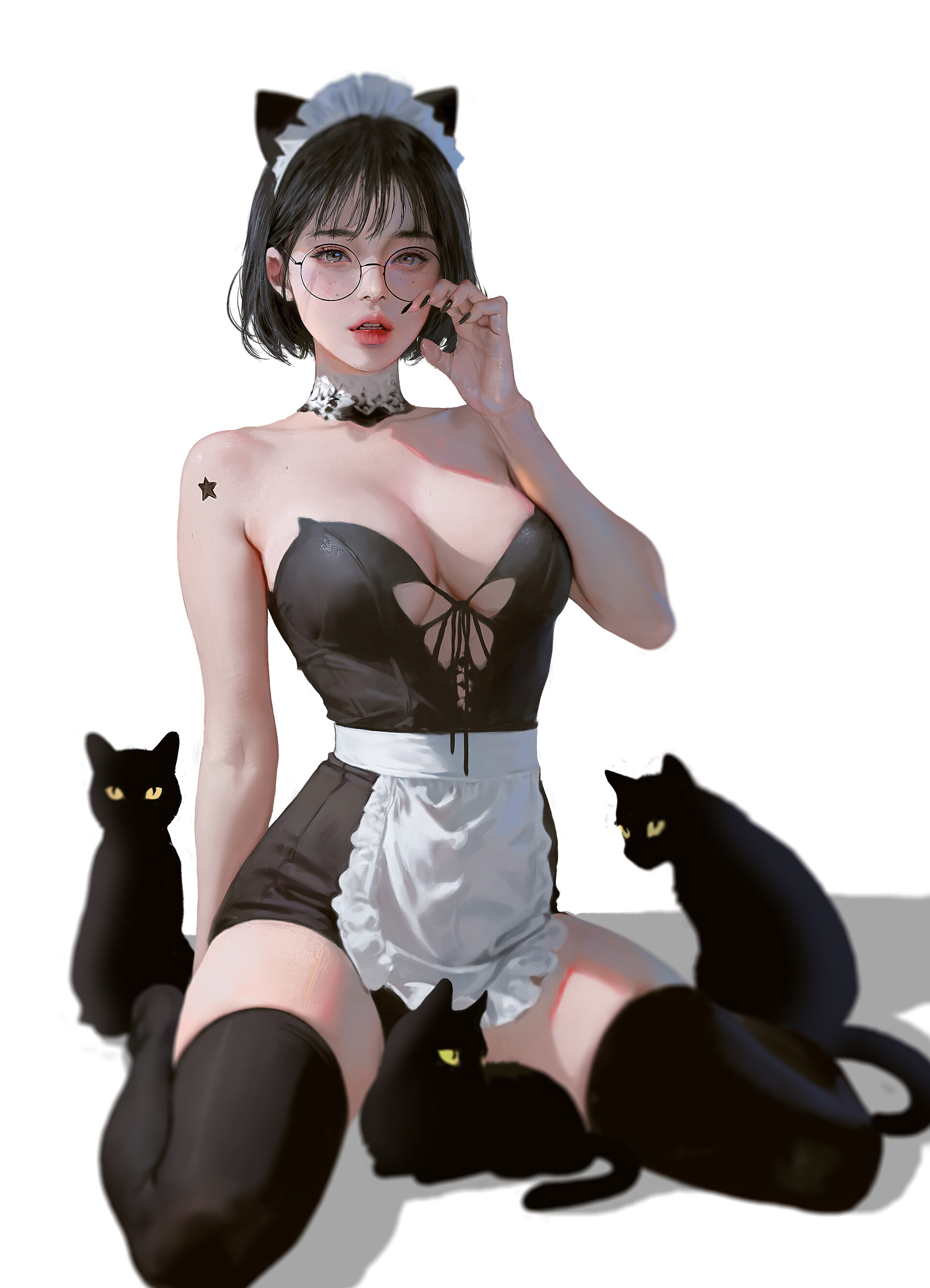 General 1920x2658 J. Won Han digital art artwork illustration women animals cats portrait display stockings cat ears women with glasses glasses short hair white background simple background minimalism big boobs maid maid outfit kneeling looking at viewer