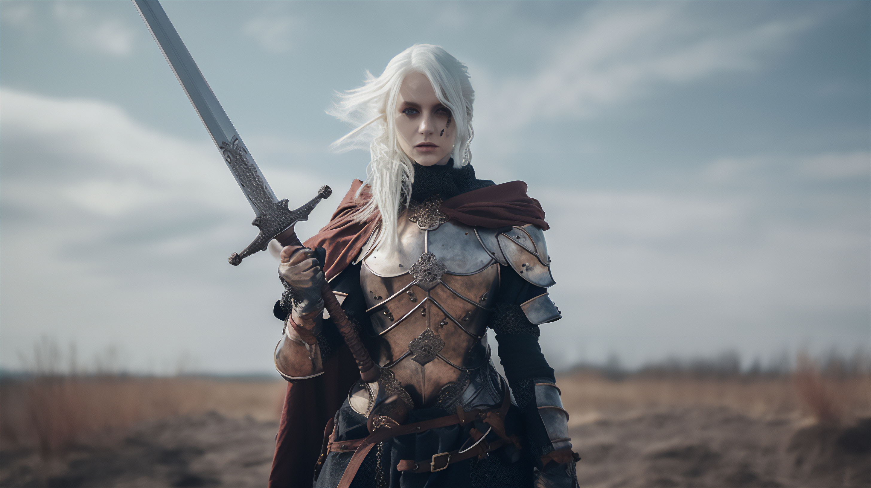 General 2912x1632 women warrior white hair armor sword cosplay weapon looking at viewer AI art Midjourney Stable Diffusion