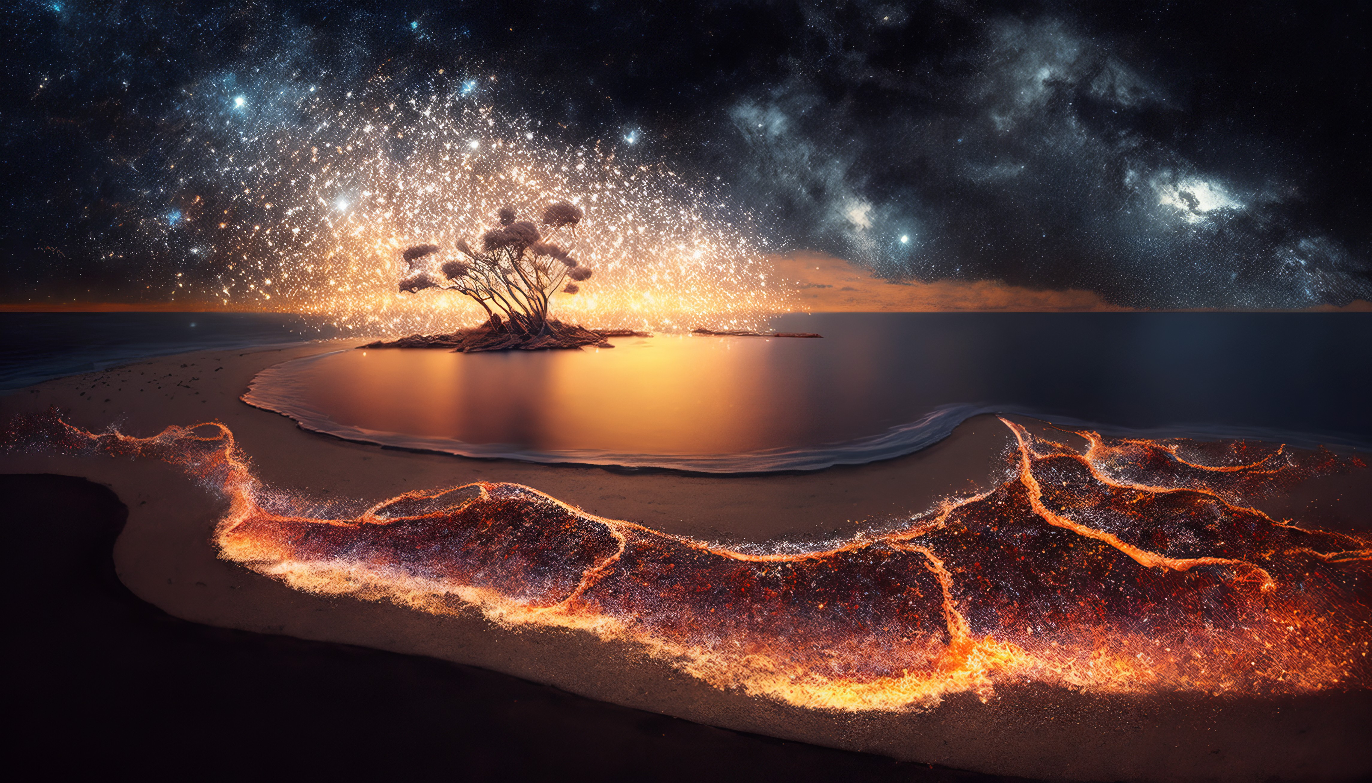 General 4579x2616 AI art illustration landscape bioluminescence trees stars water waves sky starry night