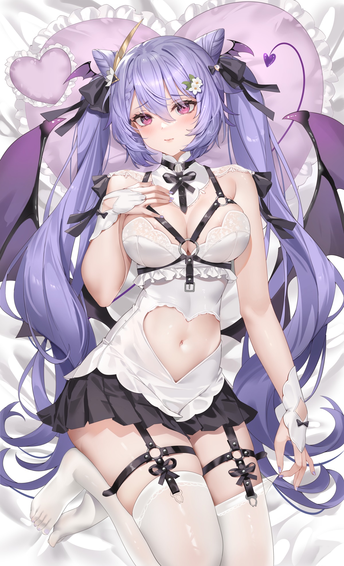 Anime 1200x1973 Genshin Impact Keqing (Genshin Impact) Melailai anime girls portrait display belly button stockings big boobs wings heart twintails looking at viewer flower in hair blushing cleavage long hair succubus demon tail