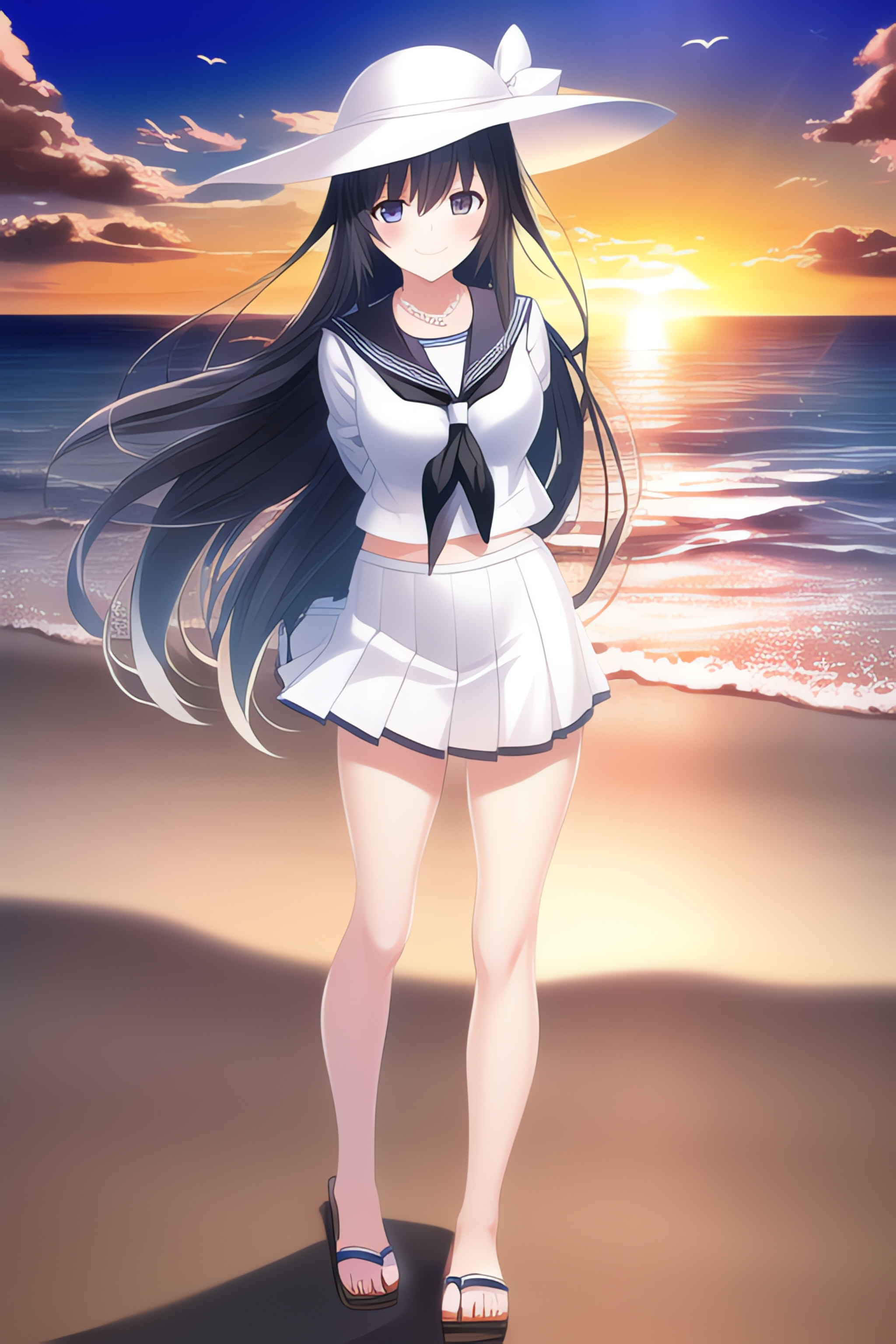 Anime 2048x3072 AI art anime girls sailor uniform necklace tie beach pleated skirt sunlight portrait display looking at viewer long hair sand sunset sunset glow water waves sky clouds smiling