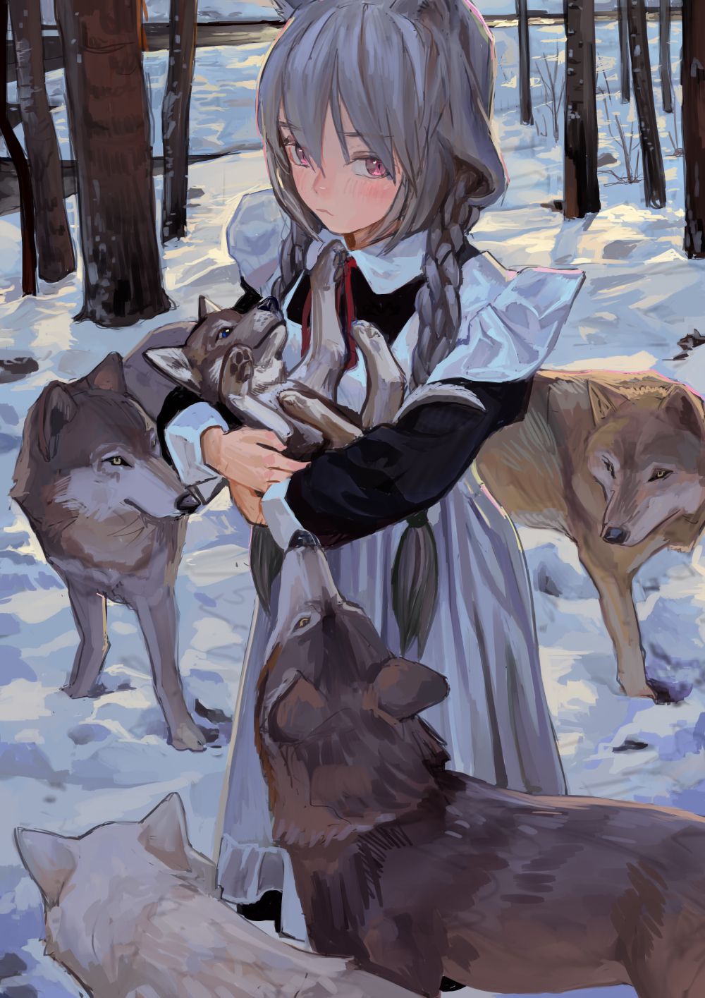 Anime 1000x1415 anime girls maid outfit wolf animal ears FKEY portrait display maid braids animals snow looking at viewer twintails cat girl cat ears