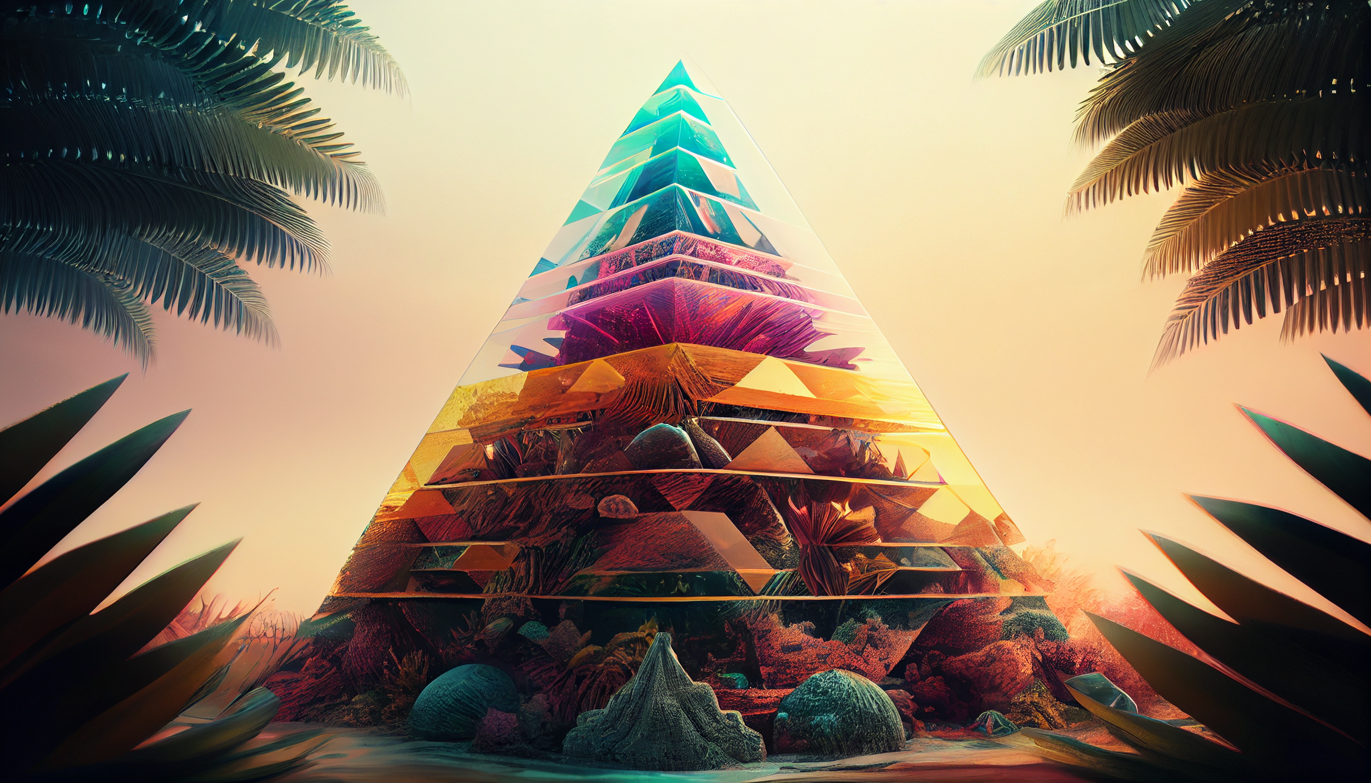 General 2688x1536 pyramid tropical tropical forest colorful jungle digital art AI art Midjourney coral reef spectrum trippy artwork