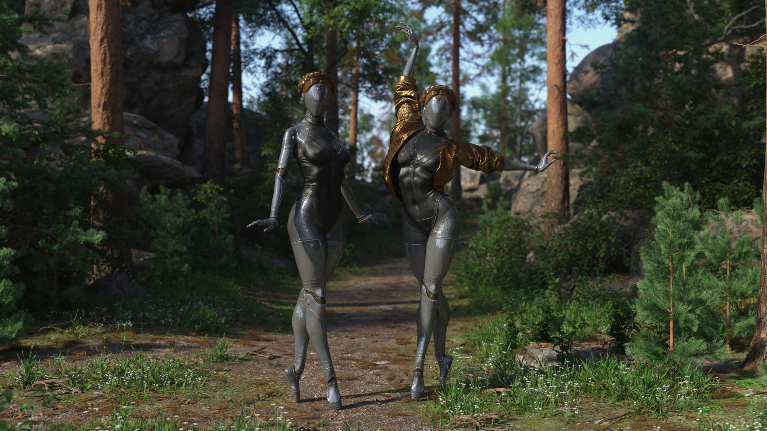 General 2560x1440 Atomic Heart Daz 3D CGI video games The Twins (Atomic Heart) video game characters path forest trees