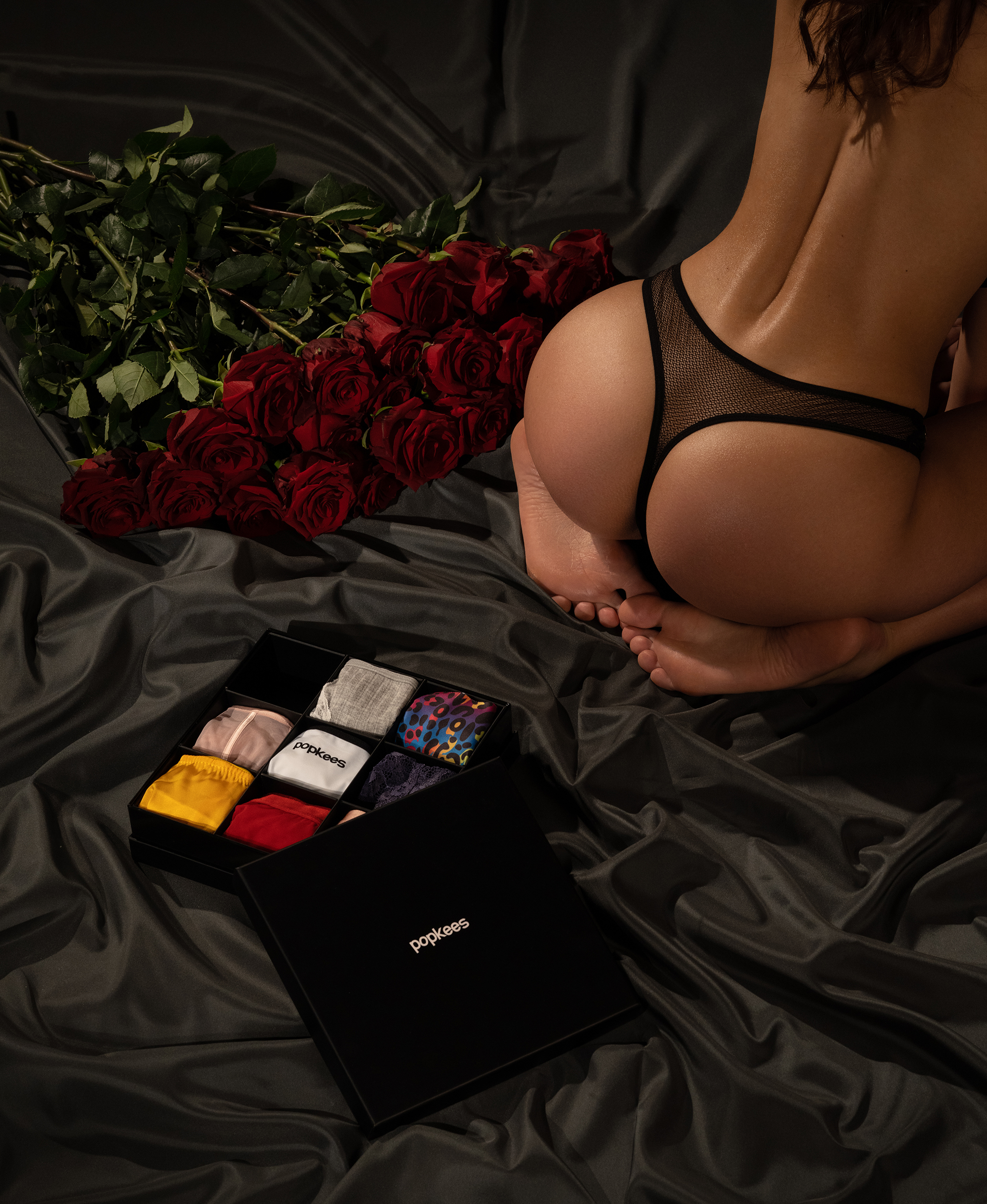 People 2049x2500 women brunette topless panties ass rose colorful silk feet kneeling Roman Filippov